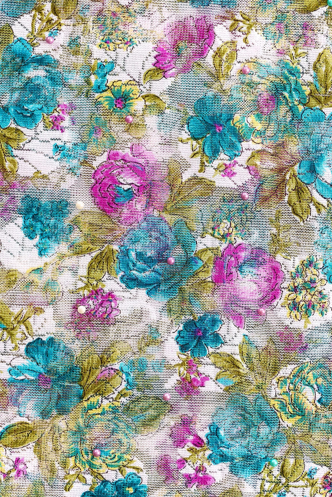Sky Blue And Rani Floral Digital Print With Pearls On Net Fabric - doeraa