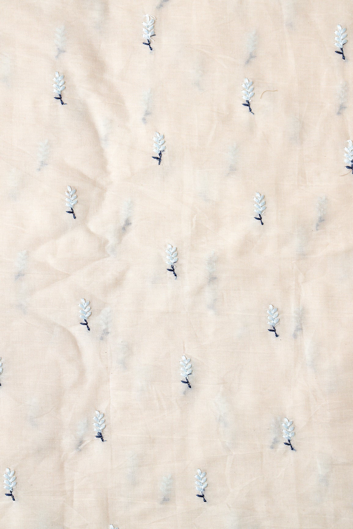 Sky Blue Small Leafy Embroidery On Off White Pure Cotton Fabric - doeraa