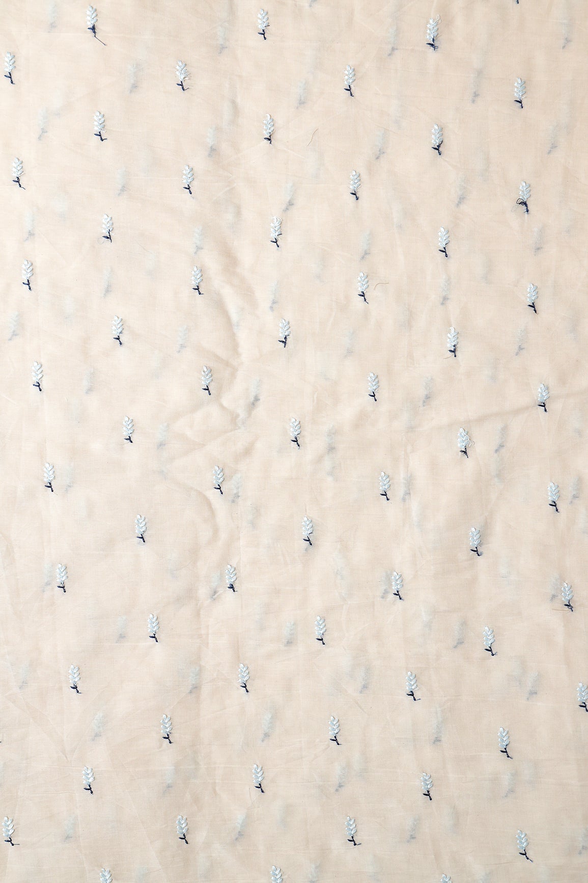 Sky Blue Small Leafy Embroidery On Off White Pure Cotton Fabric - doeraa