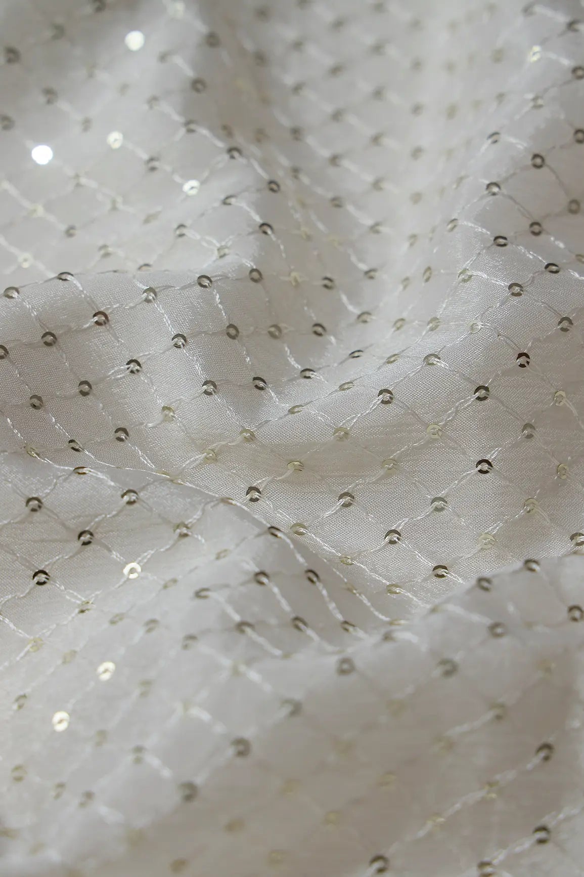 Small Check Gold Sequins Embroidery Work On White Dyeable Chinnon Chiffon Fabric - doeraa