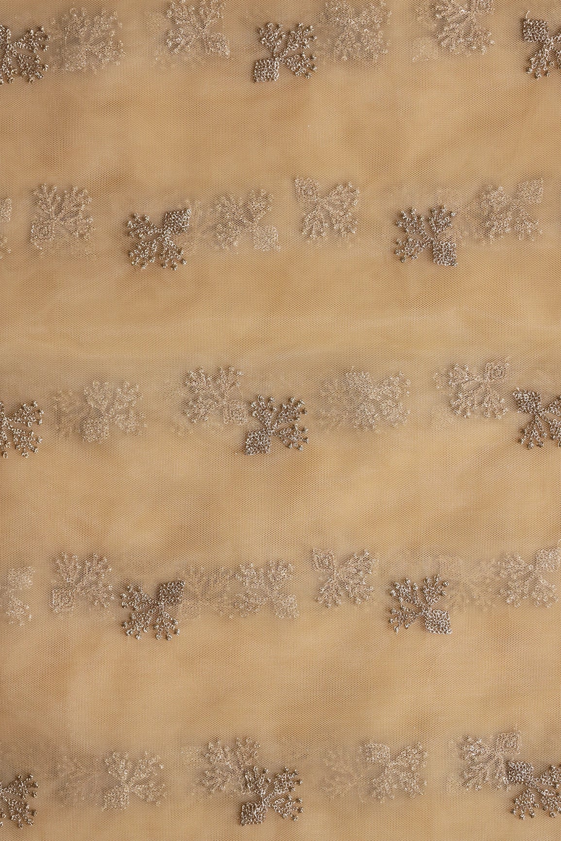 Small Gold Glitter Sequins With Zari Floral Embroidery On Beige Soft Net Fabric - doeraa