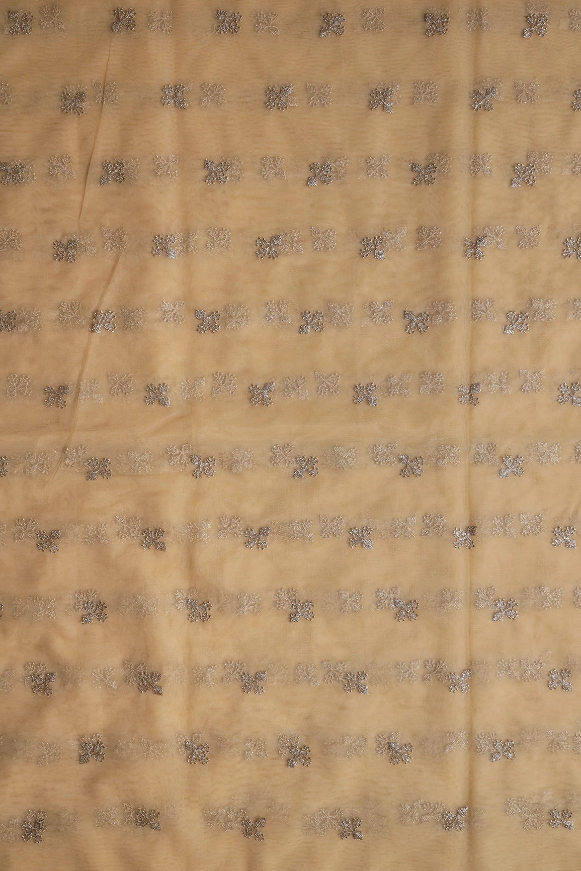Small Gold Glitter Sequins With Zari Floral Embroidery On Beige Soft Net Fabric - doeraa