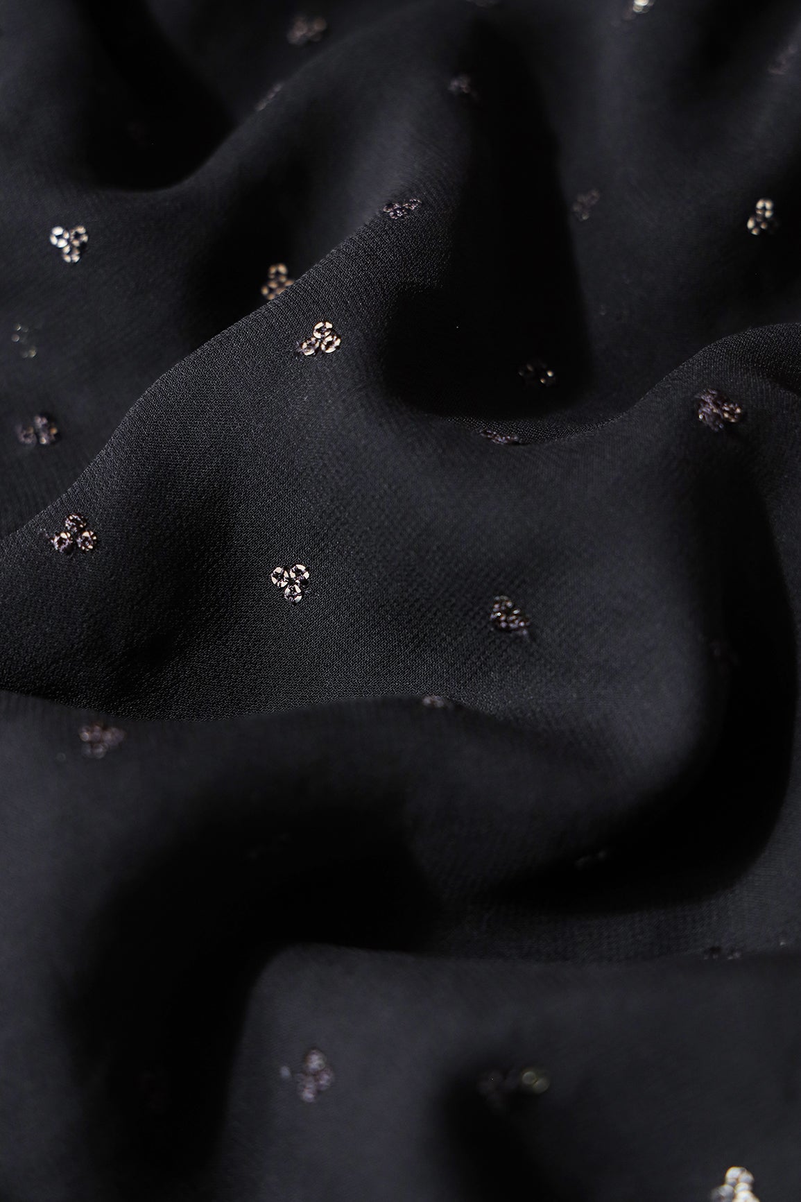 Small Motif Sequins Embroidery On Black Viscose Georgette Fabric - doeraa