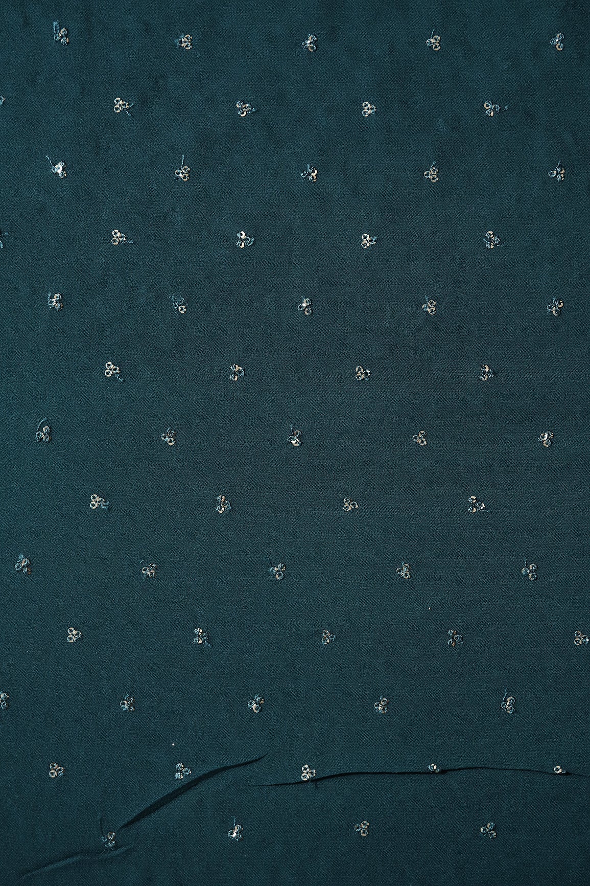 Small Motif Sequins Embroidery On Prussian Blue Viscose Georgette Fabric - doeraa