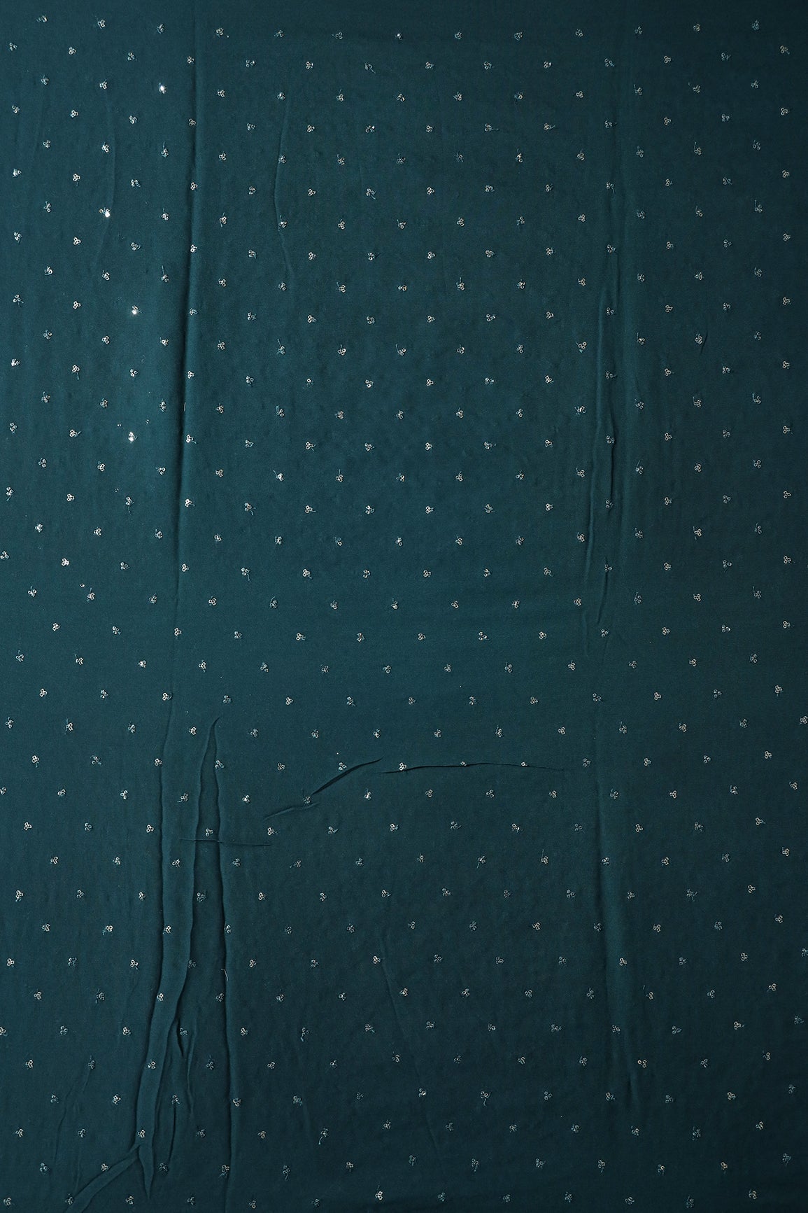 Small Motif Sequins Embroidery On Prussian Blue Viscose Georgette Fabric - doeraa