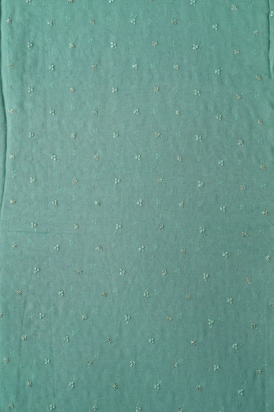 Small Motif Sequins Embroidery On Teal Viscose Georgette Fabric - doeraa
