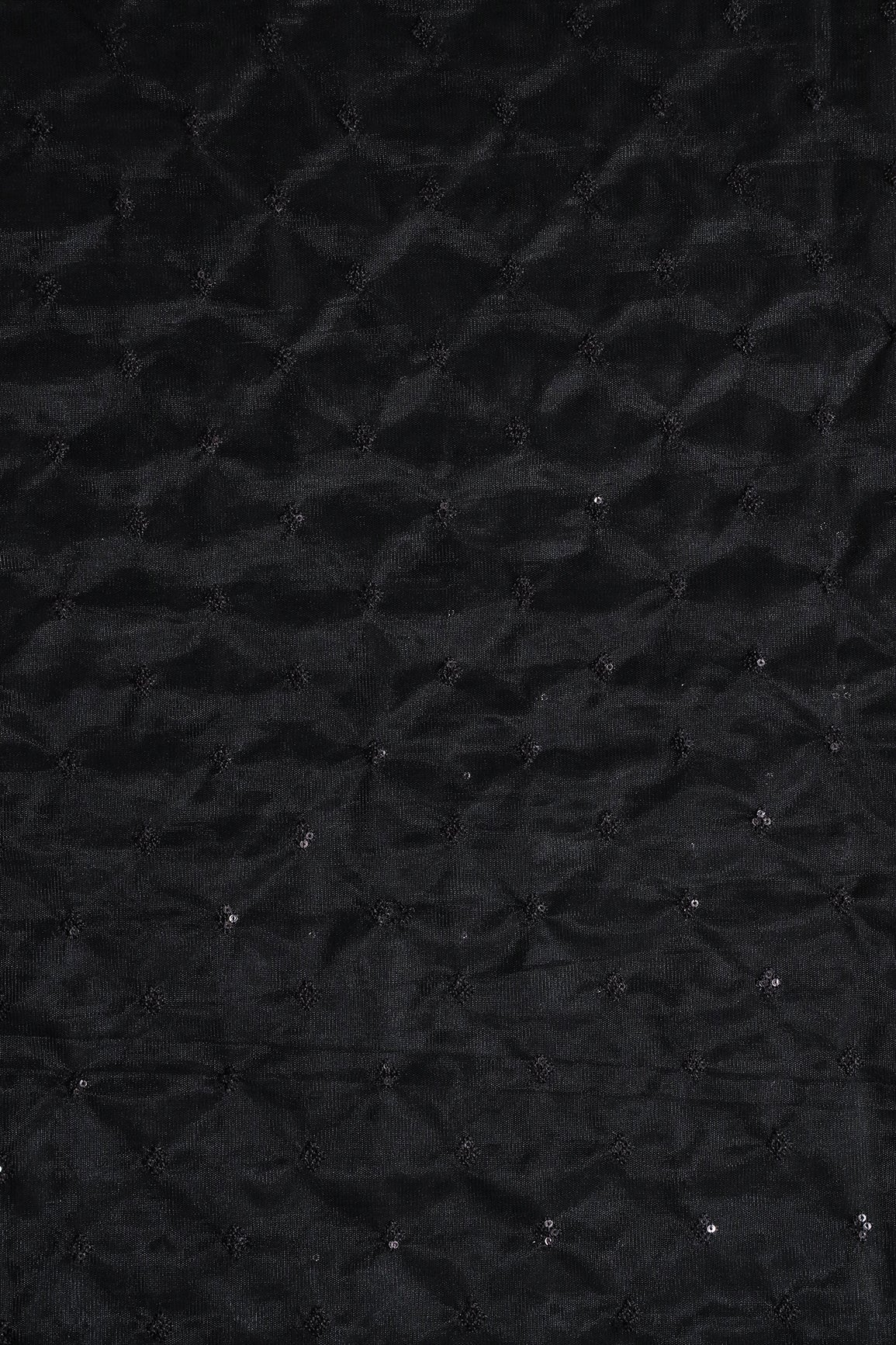 Small Motif Sequins Embroidery Work On Black Soft Net Fabric - doeraa