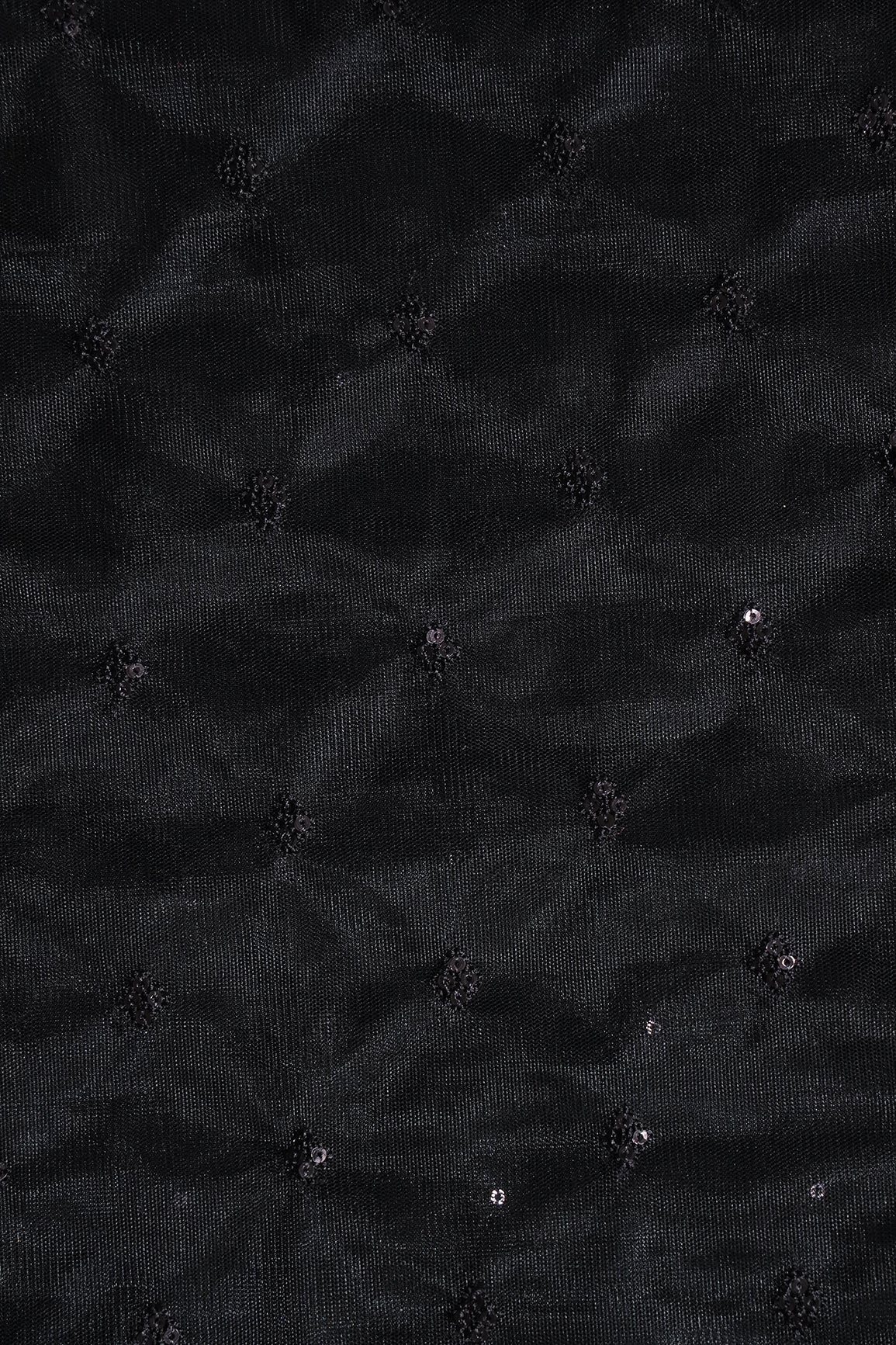 Small Motif Sequins Embroidery Work On Black Soft Net Fabric - doeraa