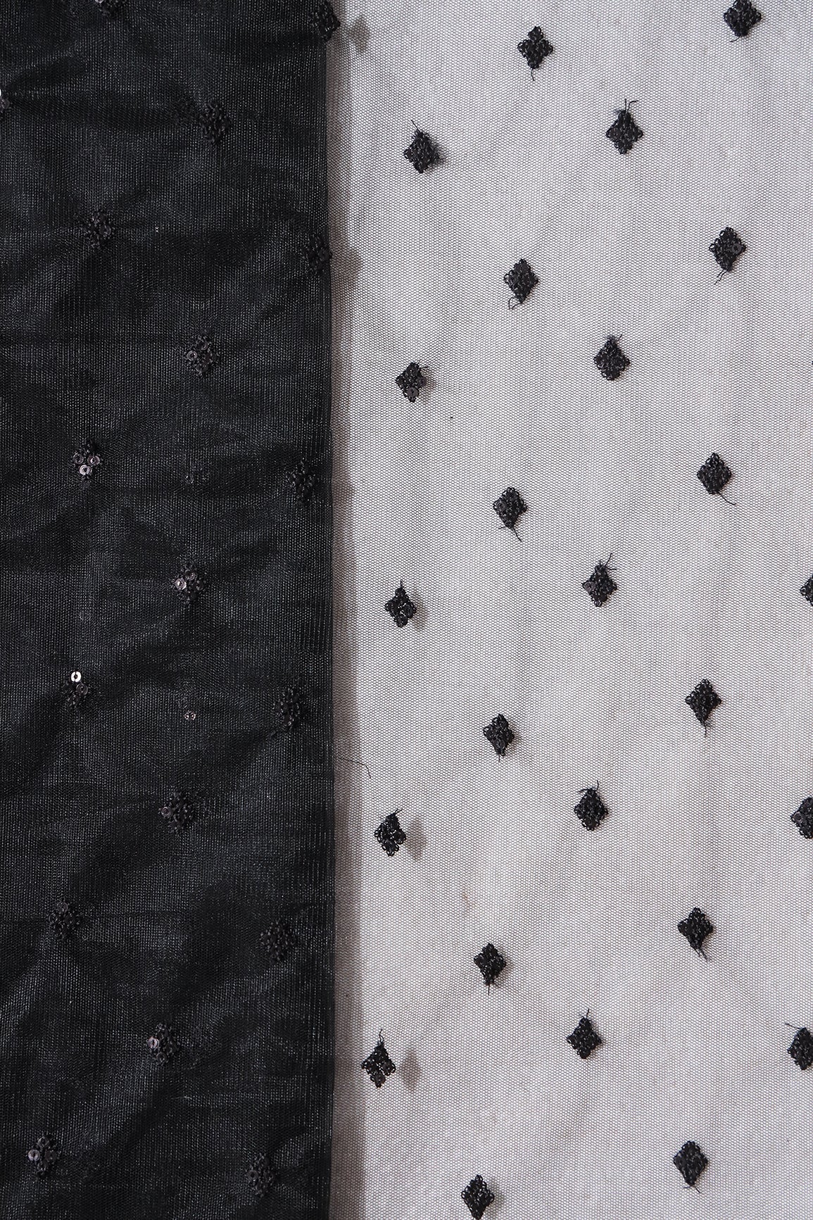 Small Motif Sequins Embroidery Work On Black Soft Net Fabric - doeraa