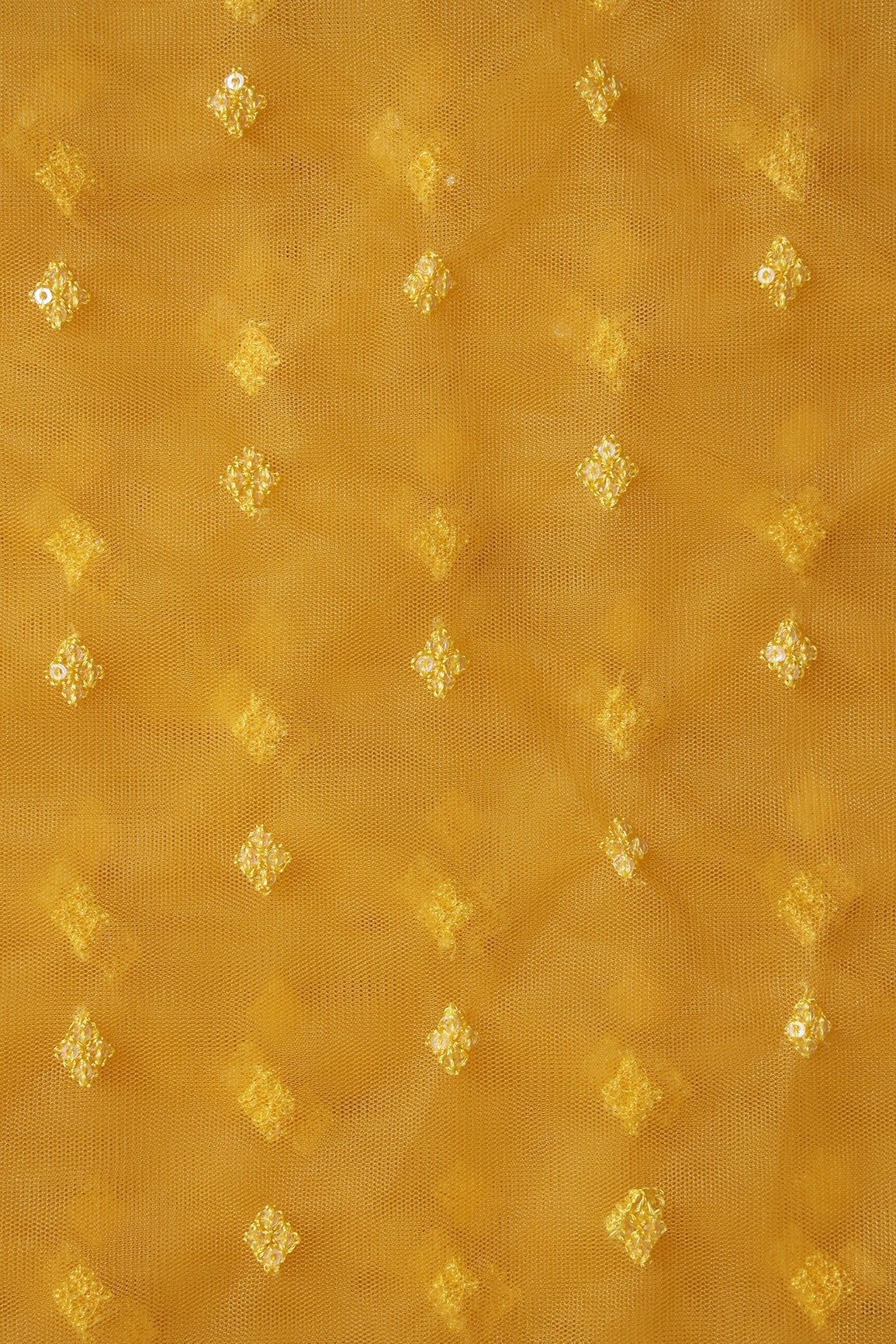 Small Motif Sequins Embroidery Work On Yellow Soft Net Fabric - doeraa