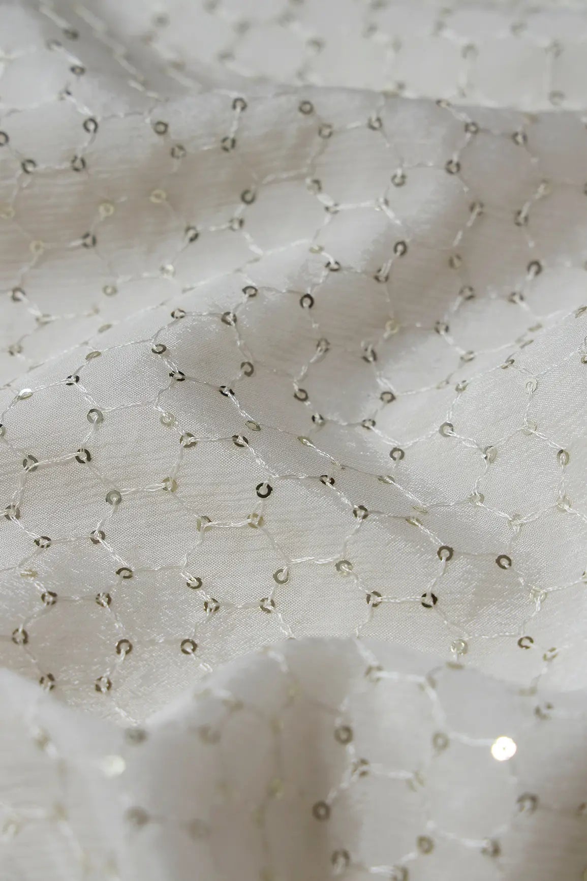 Small Trellis Gold Sequins Embroidery Work On White Dyeable Chinnon Chiffon Fabric - doeraa