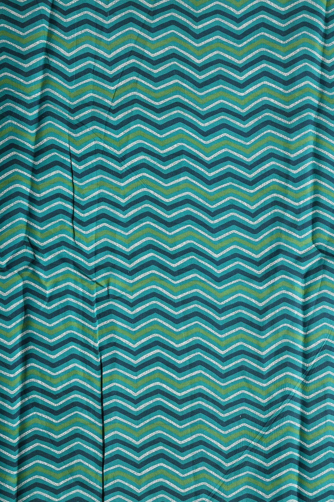Teal And Cream Chevron Print On Viscose Chanderi Silk Fabric - doeraa