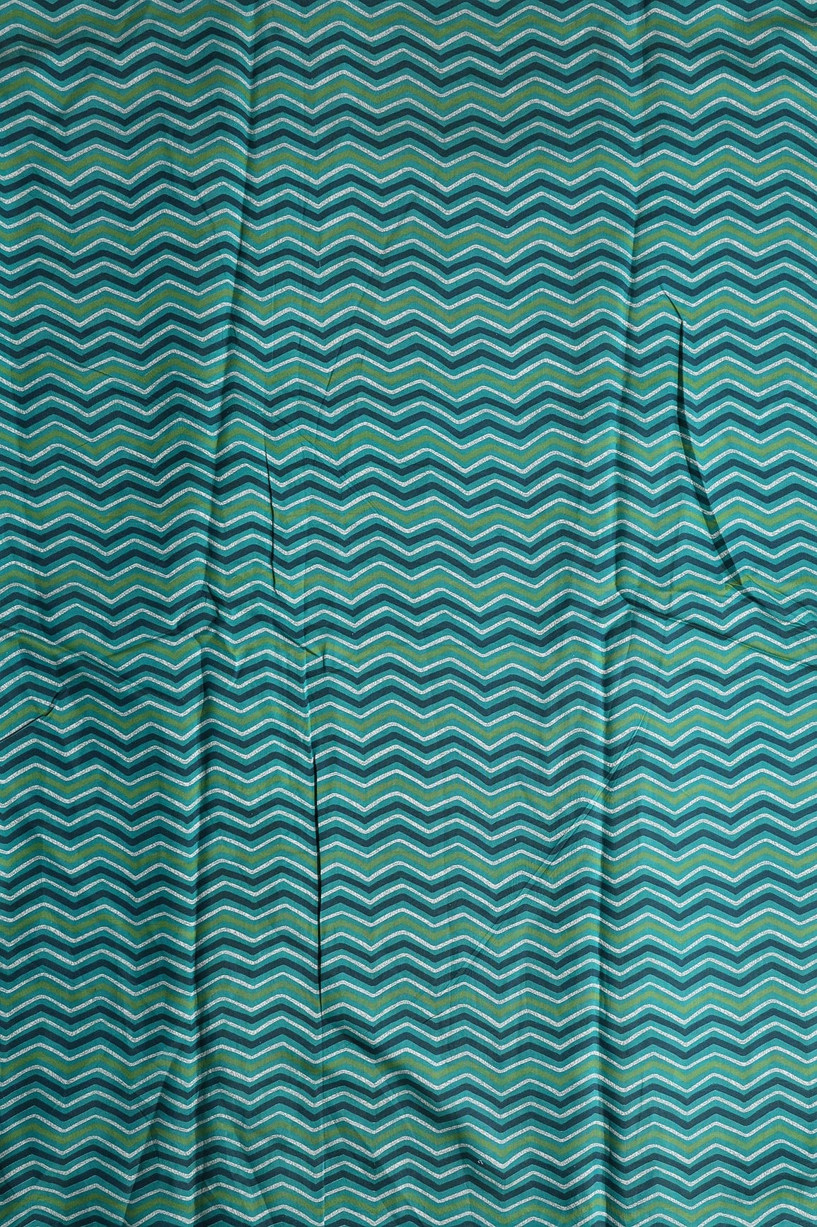 Teal And Cream Chevron Print On Viscose Chanderi Silk Fabric - doeraa