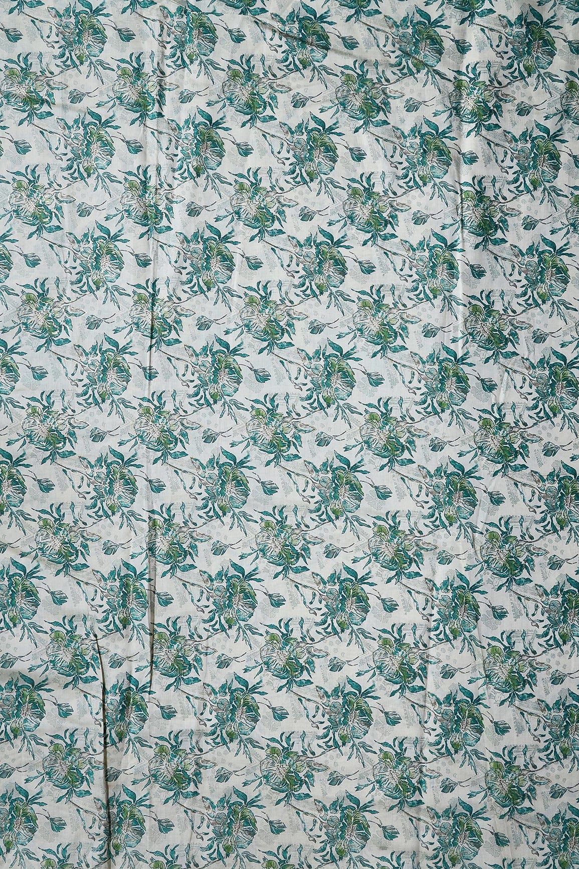 Teal And Cream Floral Foil Print On Viscose Chanderi Silk Fabric - doeraa