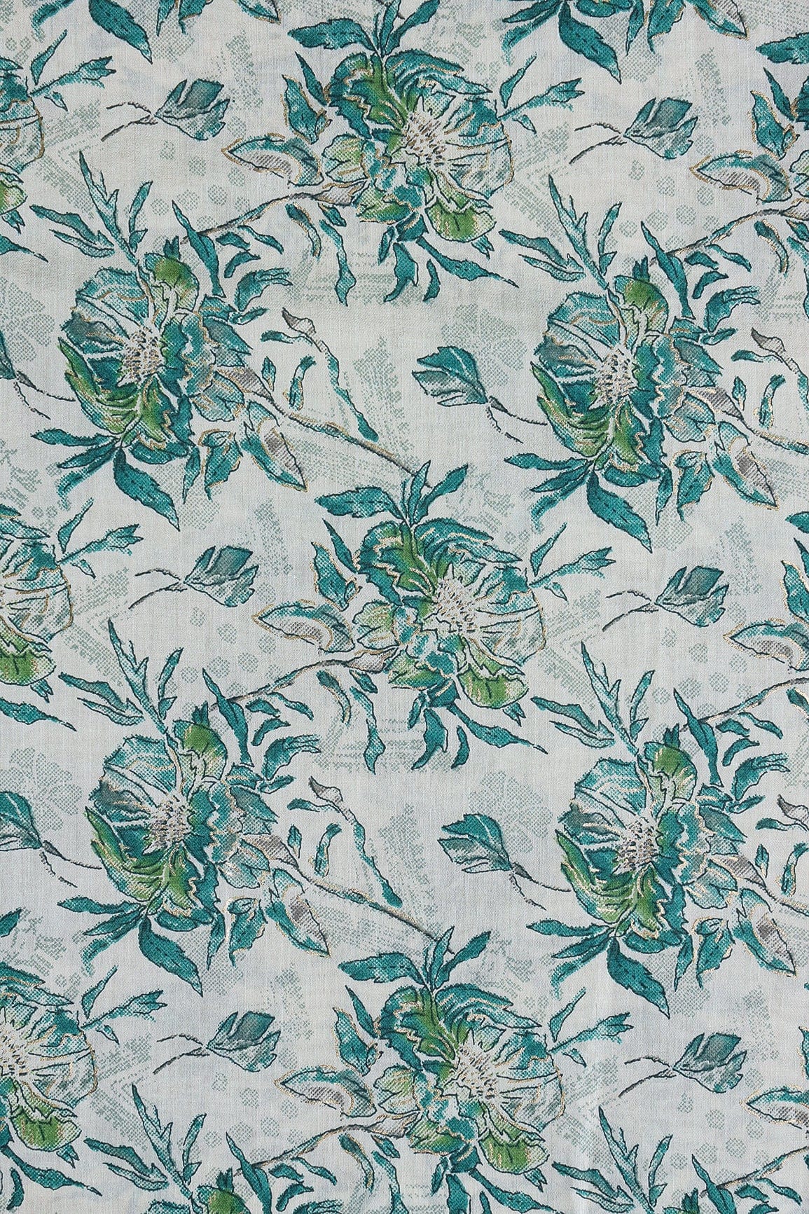 Teal And Cream Floral Foil Print On Viscose Chanderi Silk Fabric - doeraa