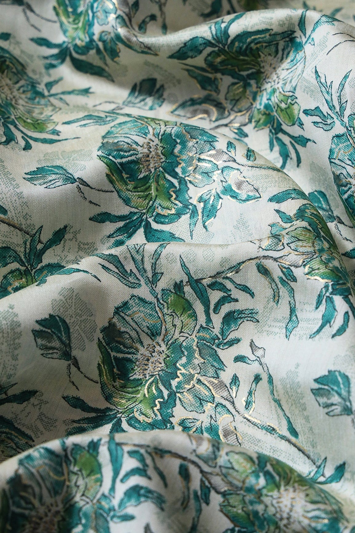 Teal And Cream Viscose Chanderi Silk Unstitched Suit (2 Piece) - doeraa