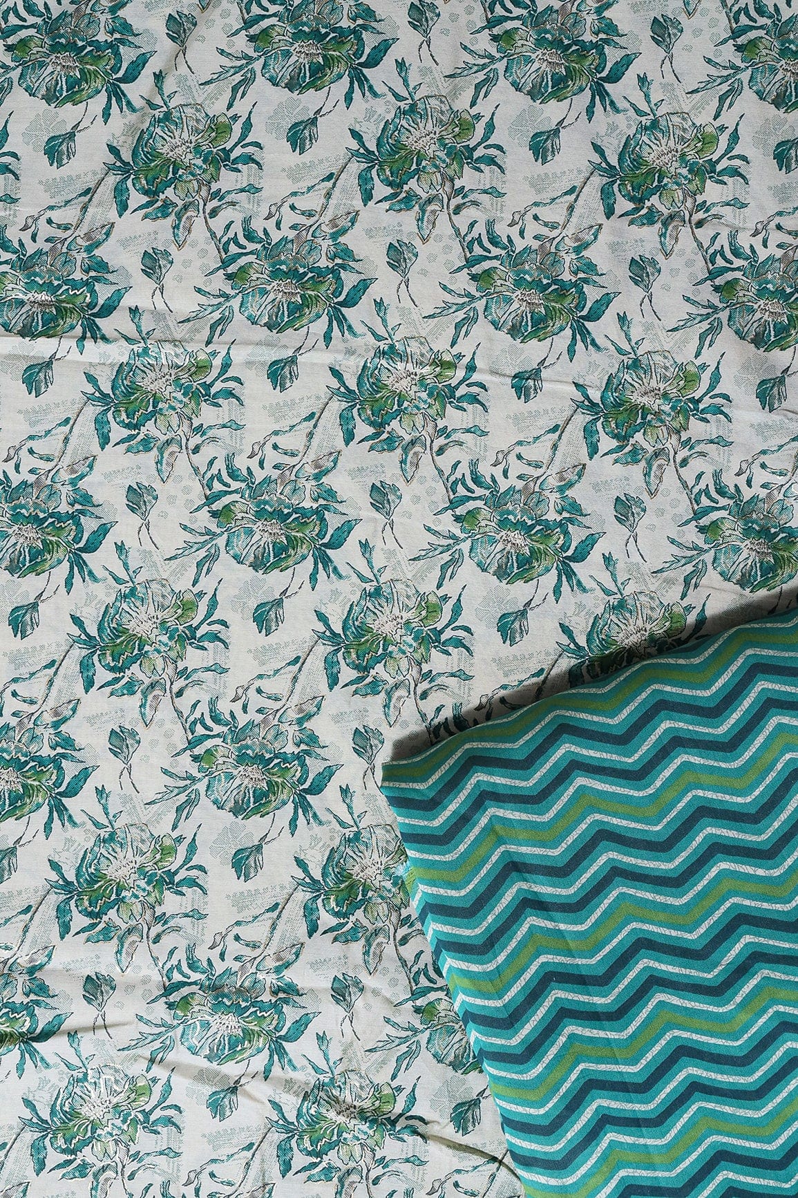 Teal And Cream Viscose Chanderi Silk Unstitched Suit (2 Piece) - doeraa