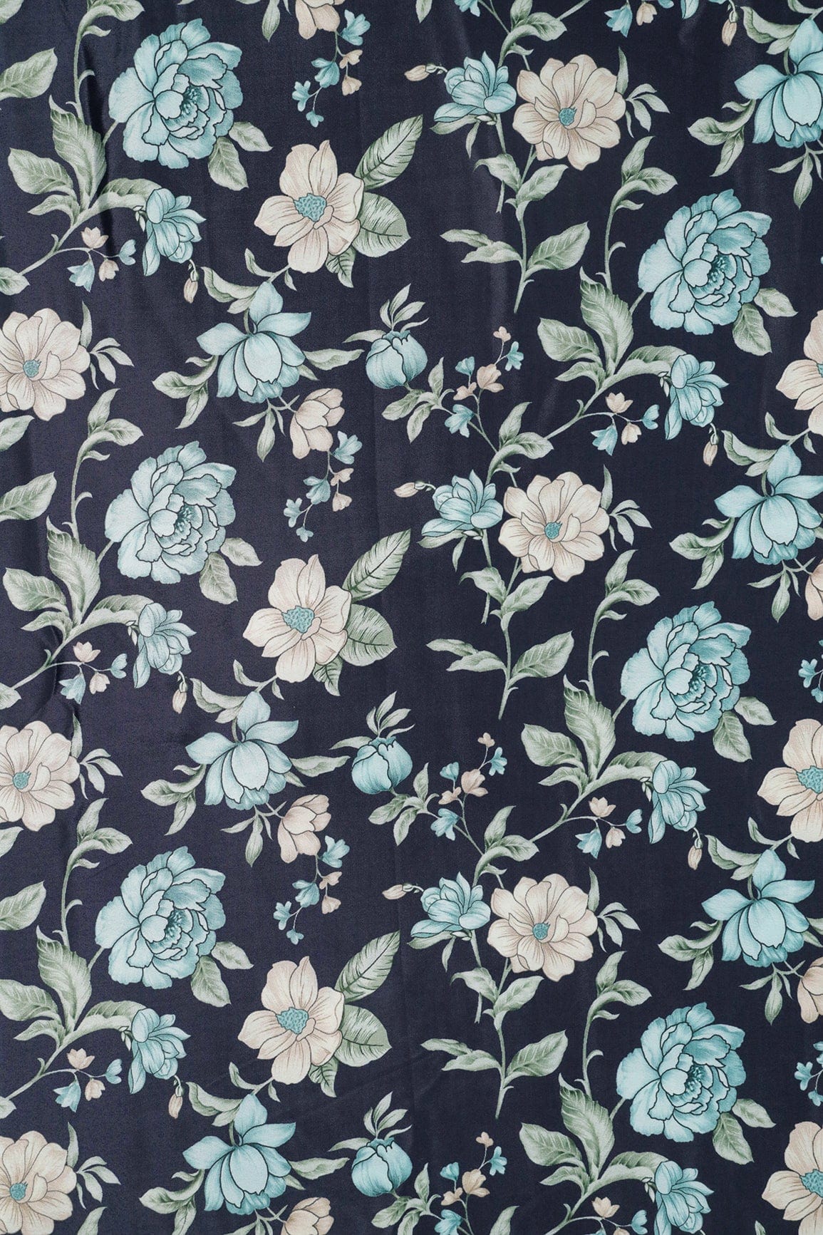 Teal And Light Beige Floral Pattern Digital Print On Dark Navy Blue Crepe Fabric - doeraa