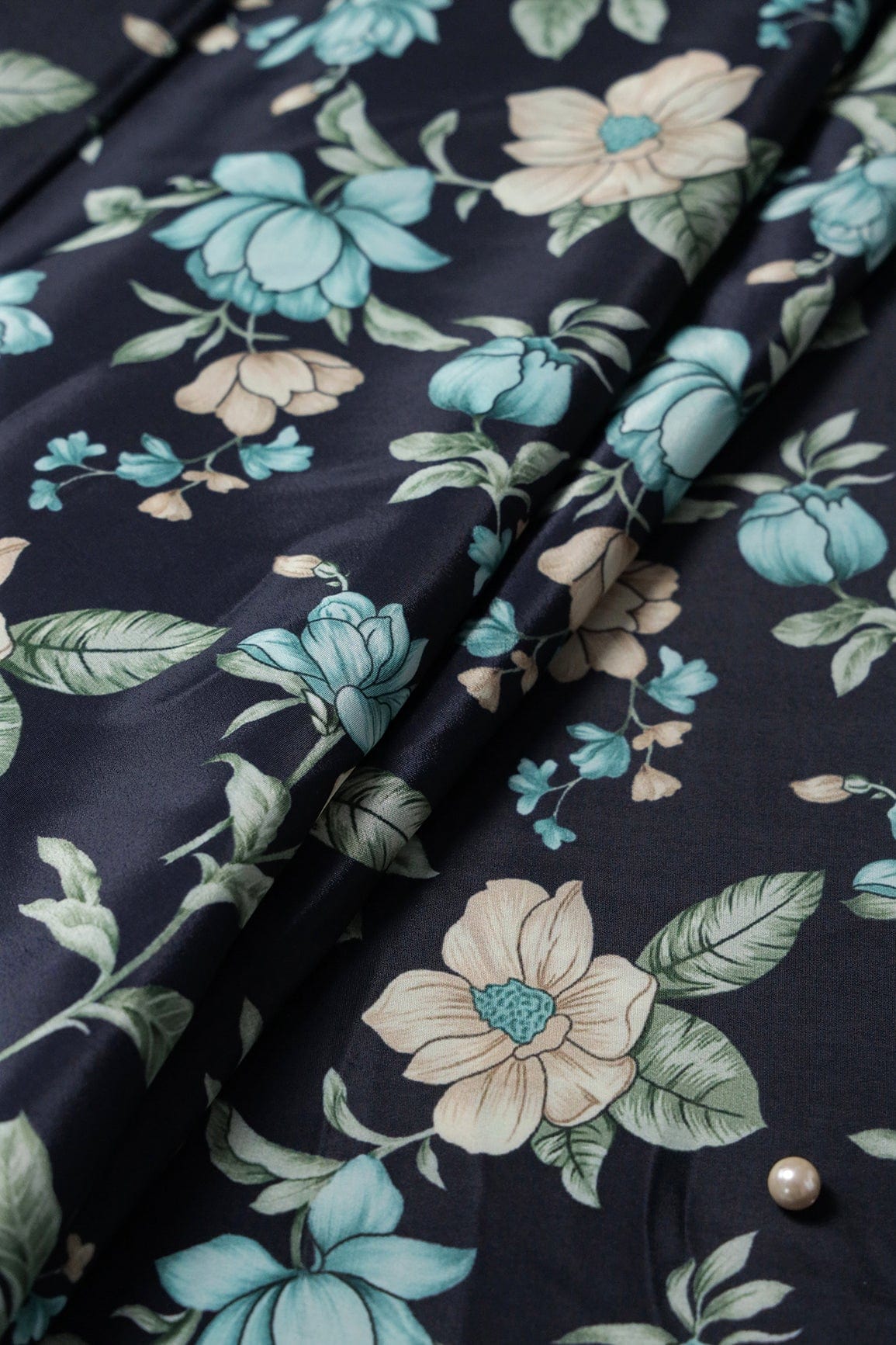 Teal And Light Beige Floral Pattern Digital Print On Dark Navy Blue Crepe Fabric - doeraa