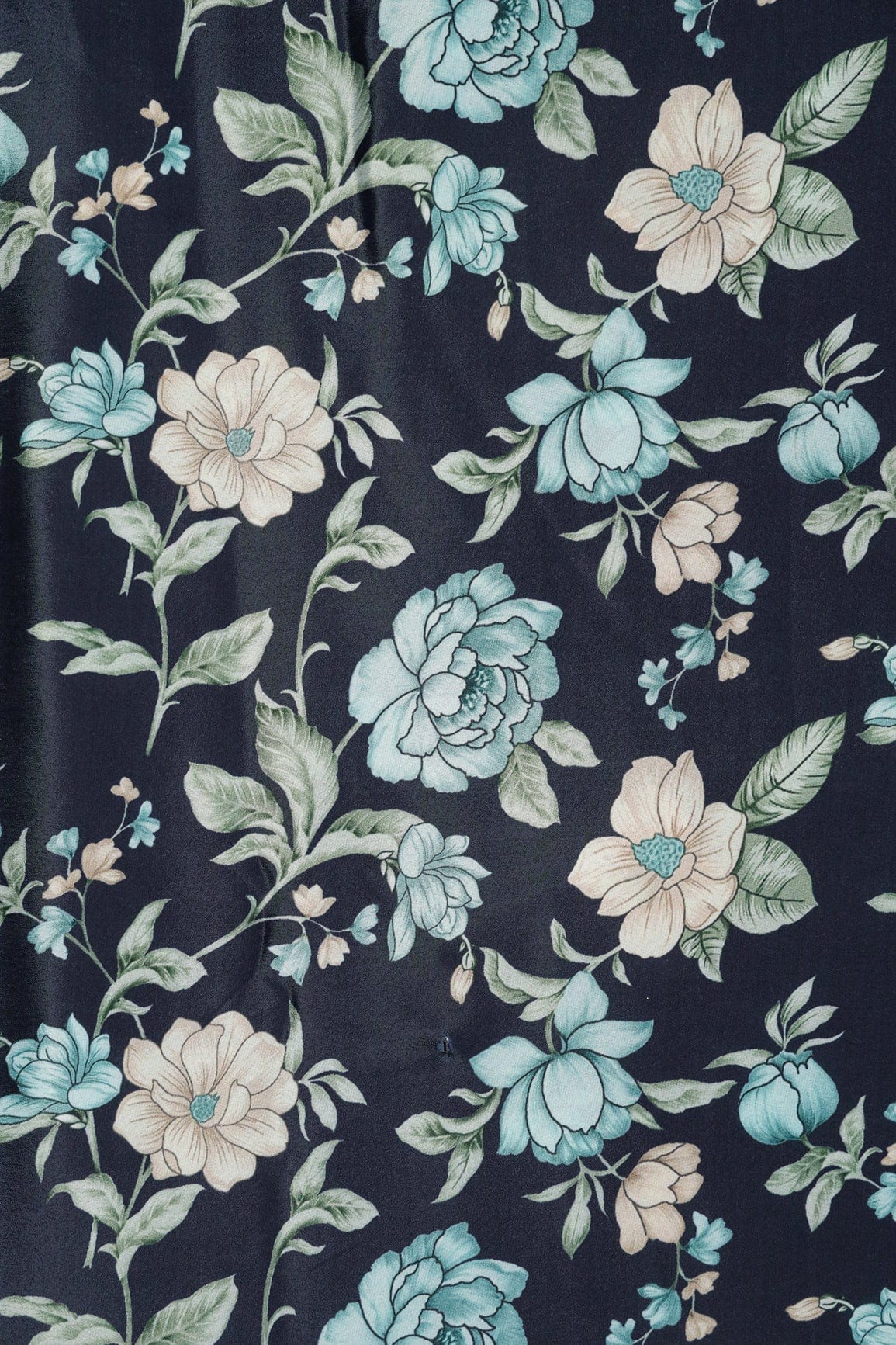 Teal And Light Beige Floral Pattern Digital Print On Dark Navy Blue Crepe Fabric - doeraa