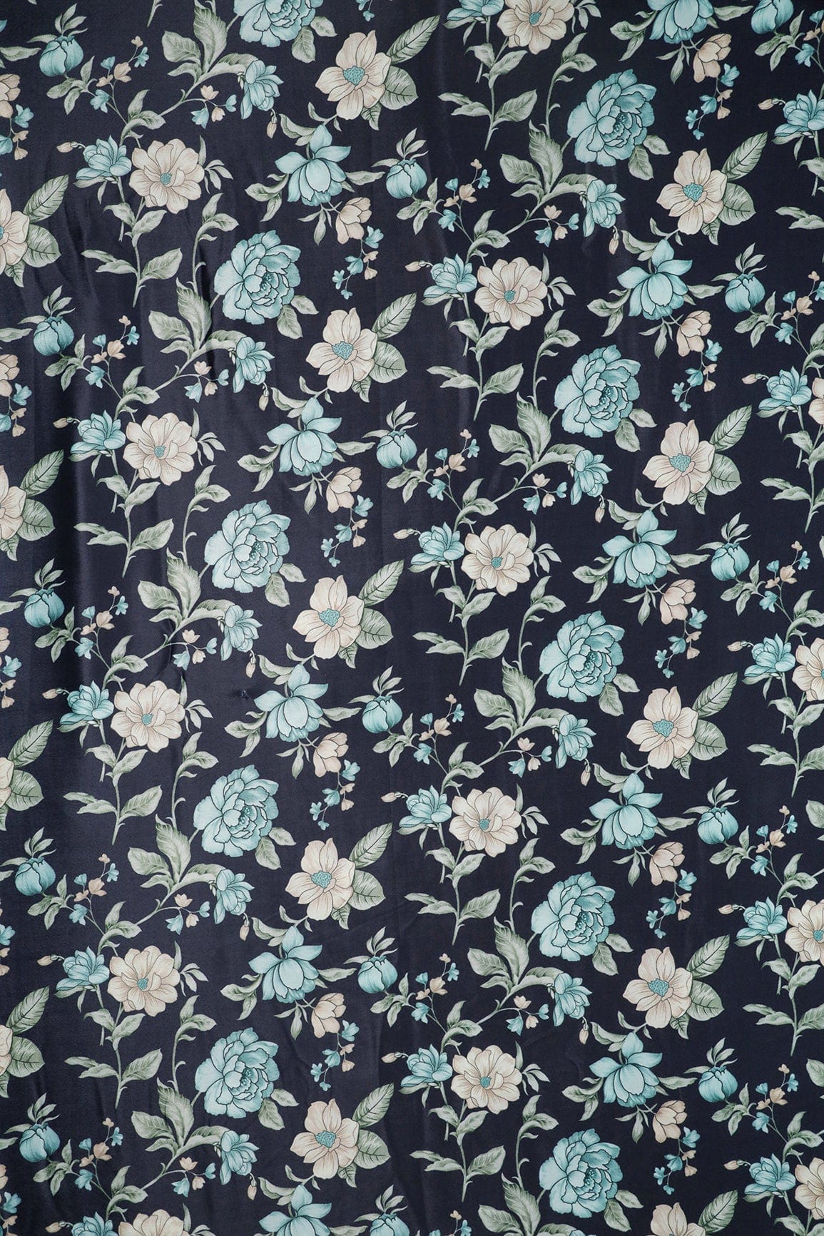Teal And Light Beige Floral Pattern Digital Print On Dark Navy Blue Crepe Fabric - doeraa