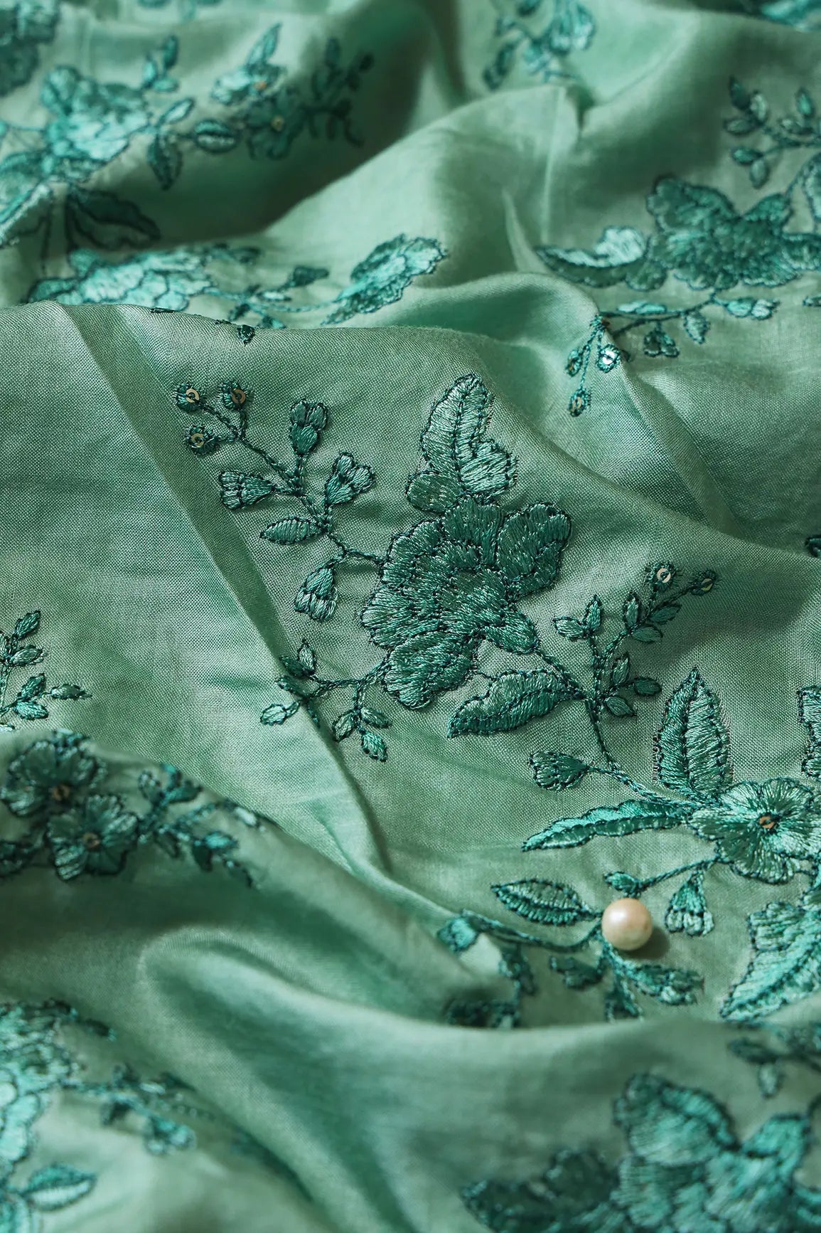 Teal Color Thread With Gold Sequins Floral Embroidery On Olive Pure Bamboo Silk Fabric - doeraa