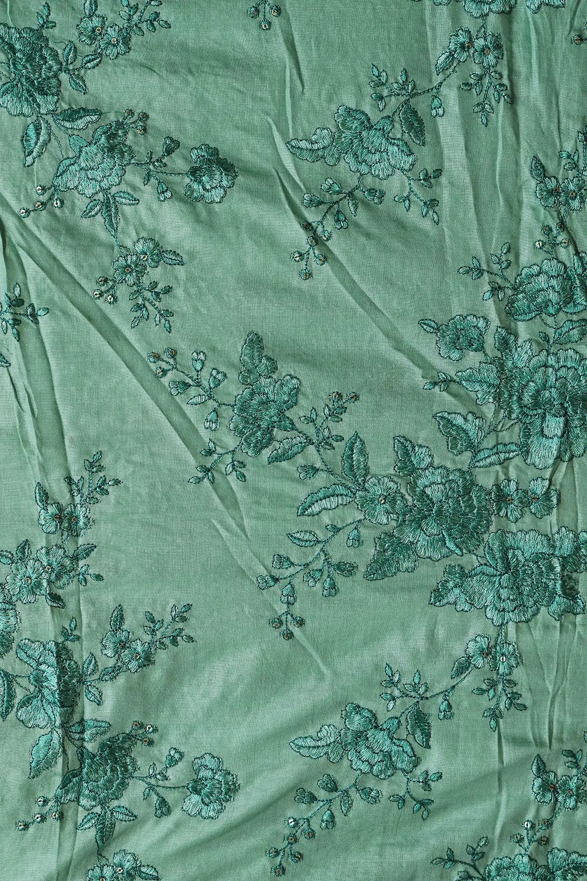 Teal Color Thread With Gold Sequins Floral Embroidery On Olive Pure Bamboo Silk Fabric - doeraa