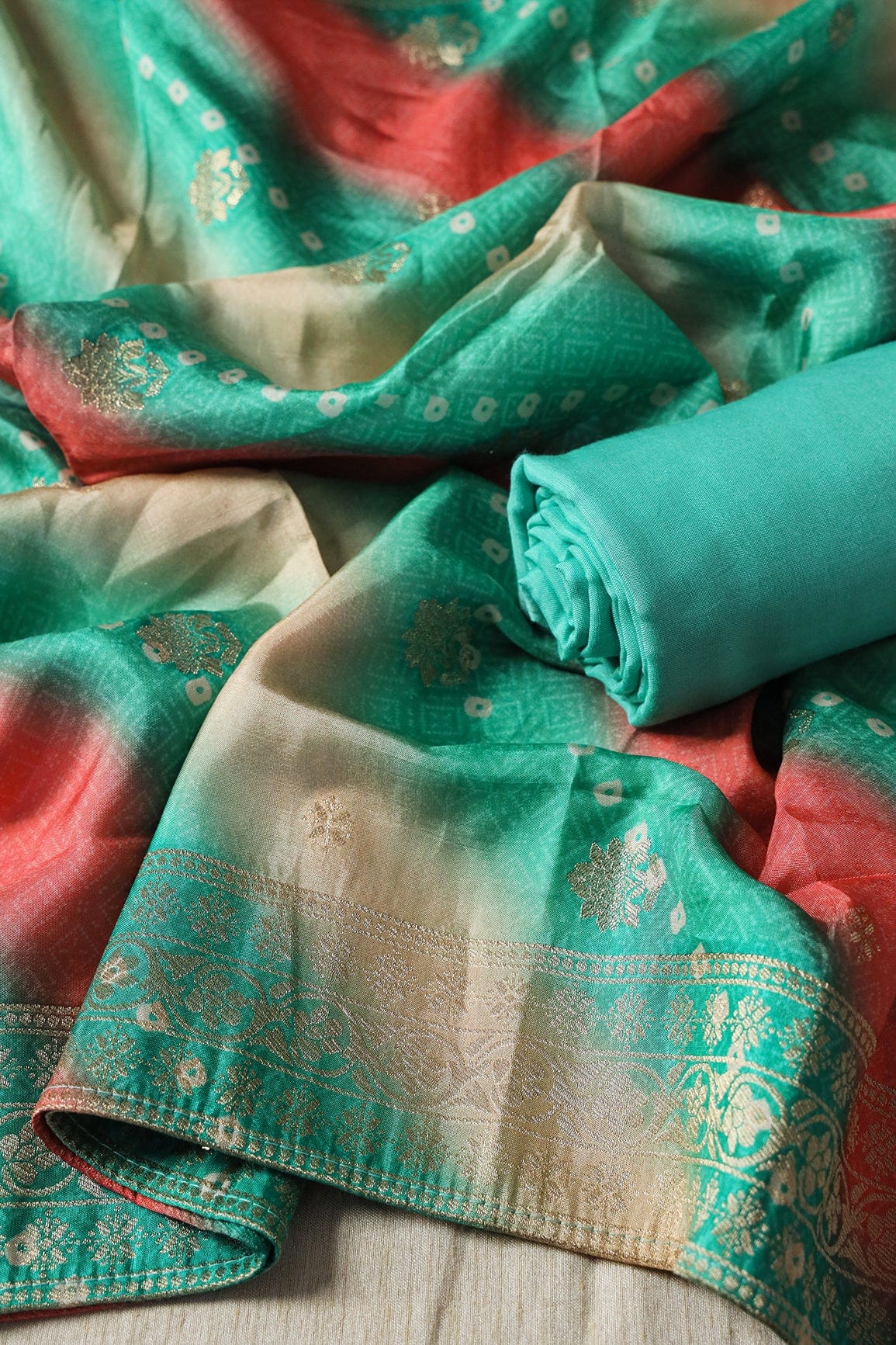 Teal Semi Stitched Pure Dola Silk Suit Set (3 piece) - doeraa