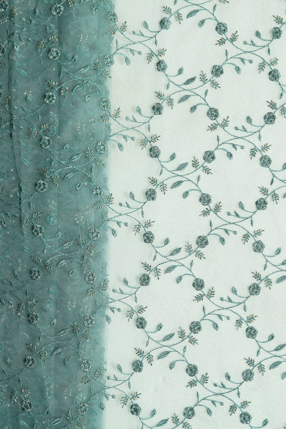 Teal Thread With Beads Floral Leafy Embroidery Work On Teal Soft Net Fabric - doeraa