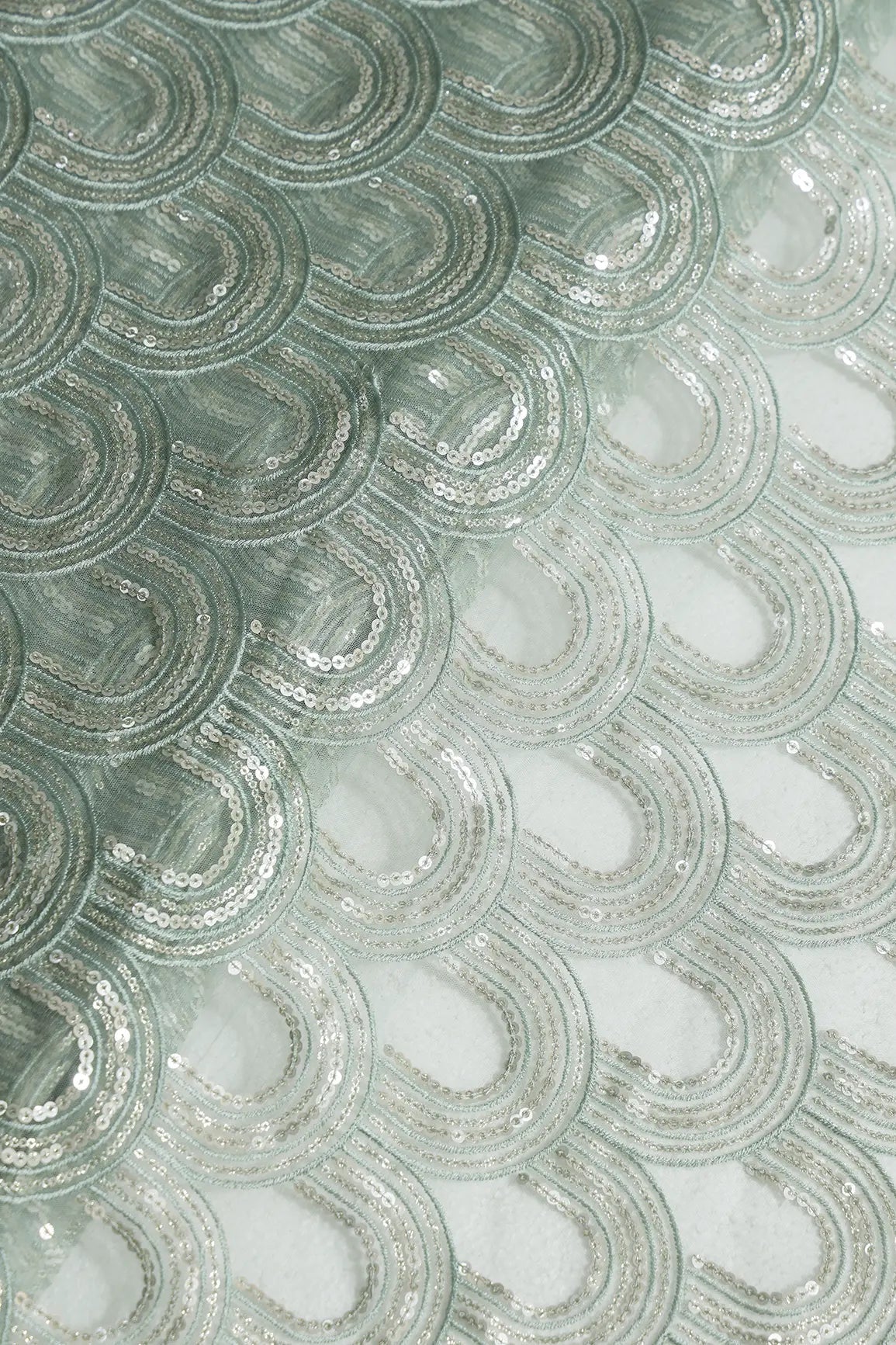 Teal Thread With Silver Sequins Abstract Embroidery Work On Teal Soft Net Fabric - doeraa