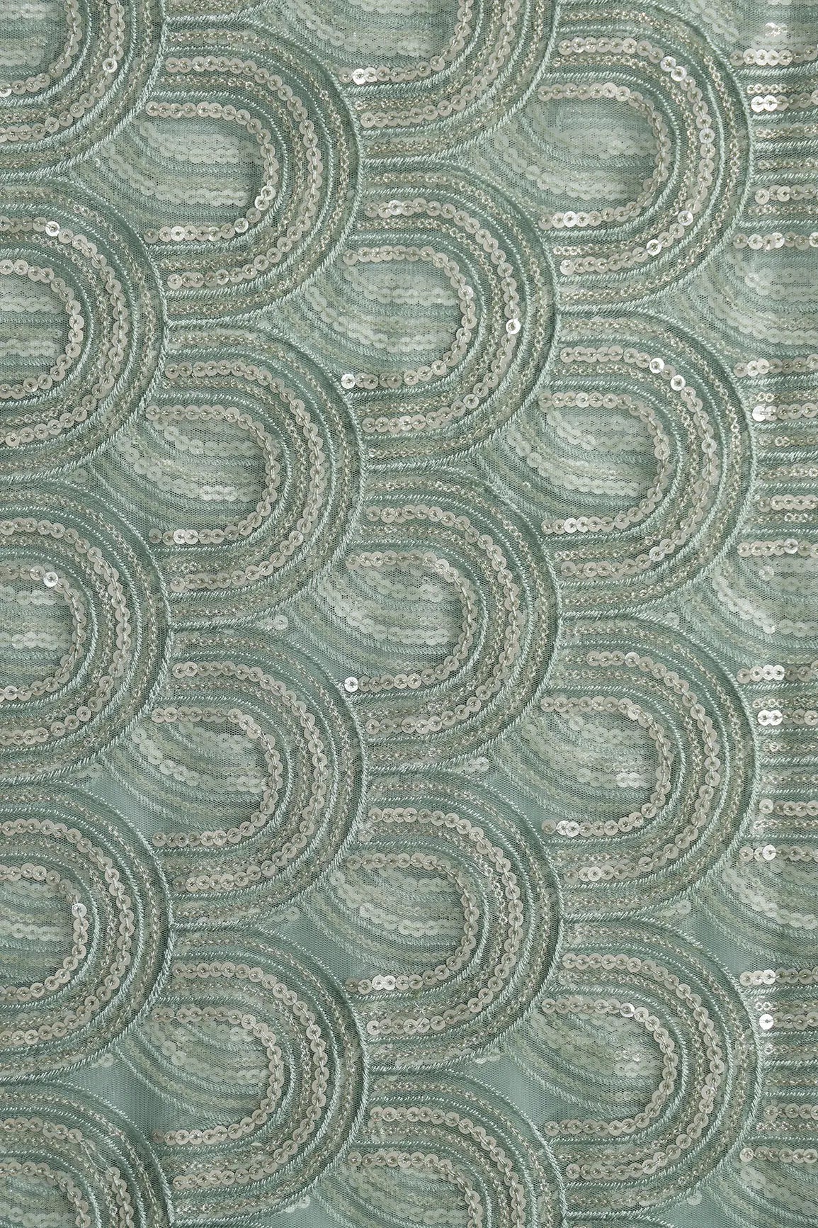 Teal Thread With Silver Sequins Abstract Embroidery Work On Teal Soft Net Fabric - doeraa