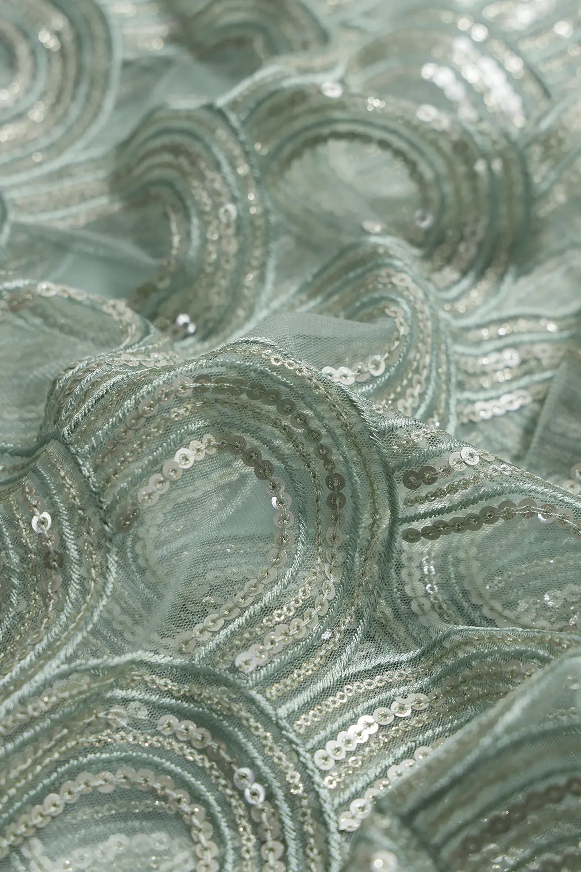 Teal Thread With Silver Sequins Abstract Embroidery Work On Teal Soft Net Fabric - doeraa