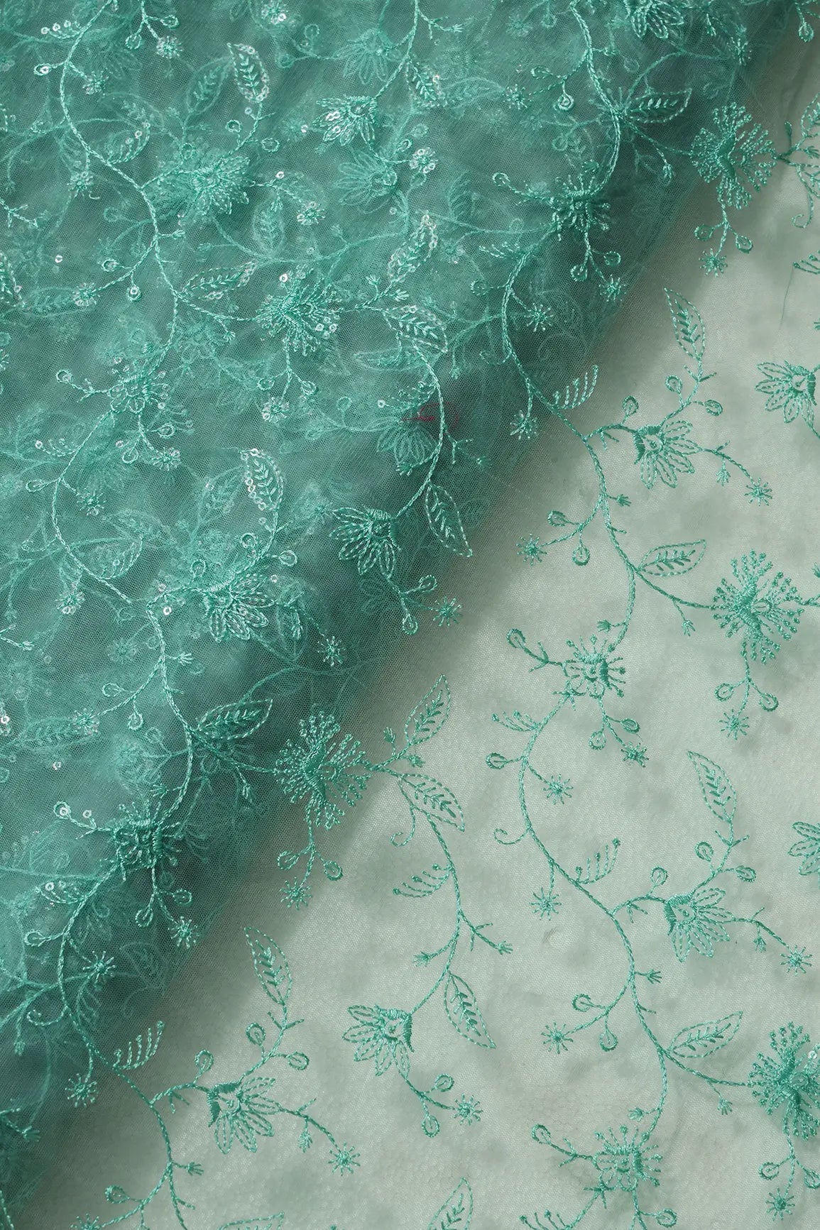 Teal Thread With Water Sequins Floral Embroidery On Teal Soft Net Fabric - doeraa