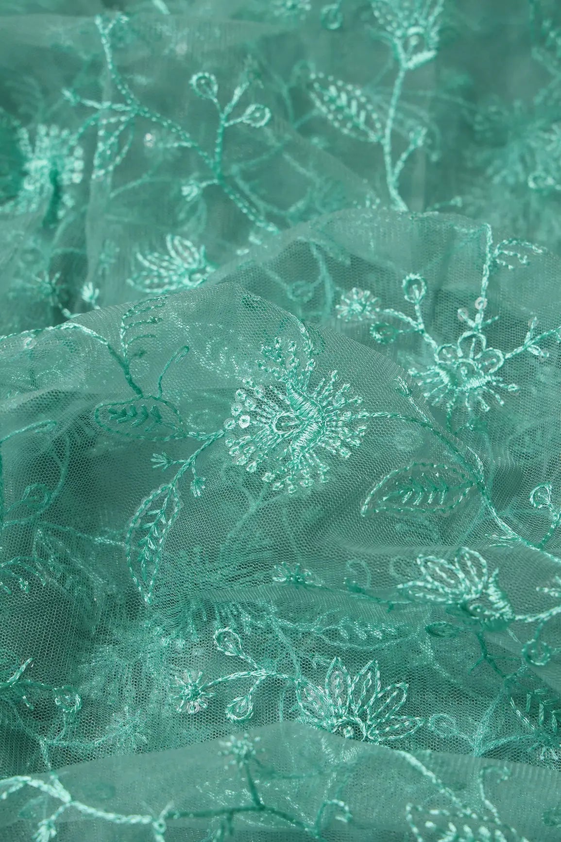 Teal Thread With Water Sequins Floral Embroidery On Teal Soft Net Fabric - doeraa