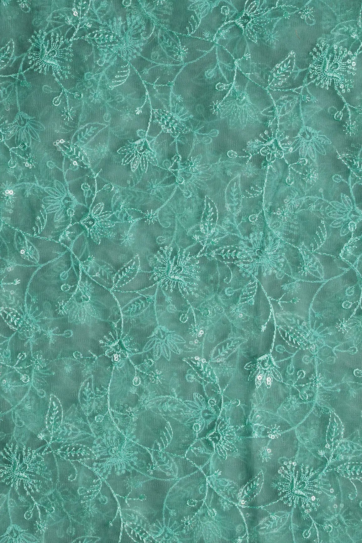 Teal Thread With Water Sequins Floral Embroidery On Teal Soft Net Fabric - doeraa