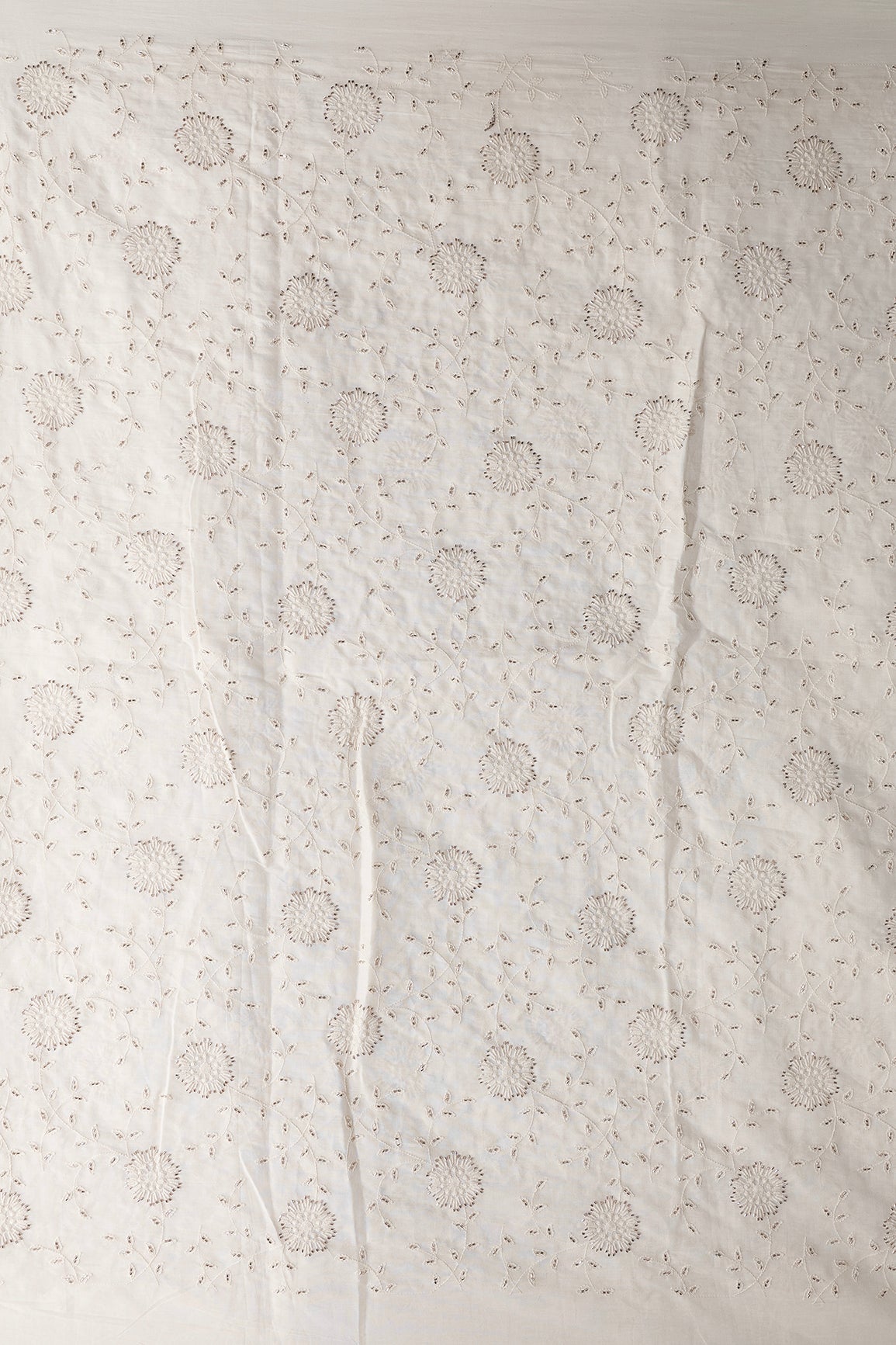 Thread With Beads Floral Embroidery Work On Off White Organic Cotton Fabric - doeraa