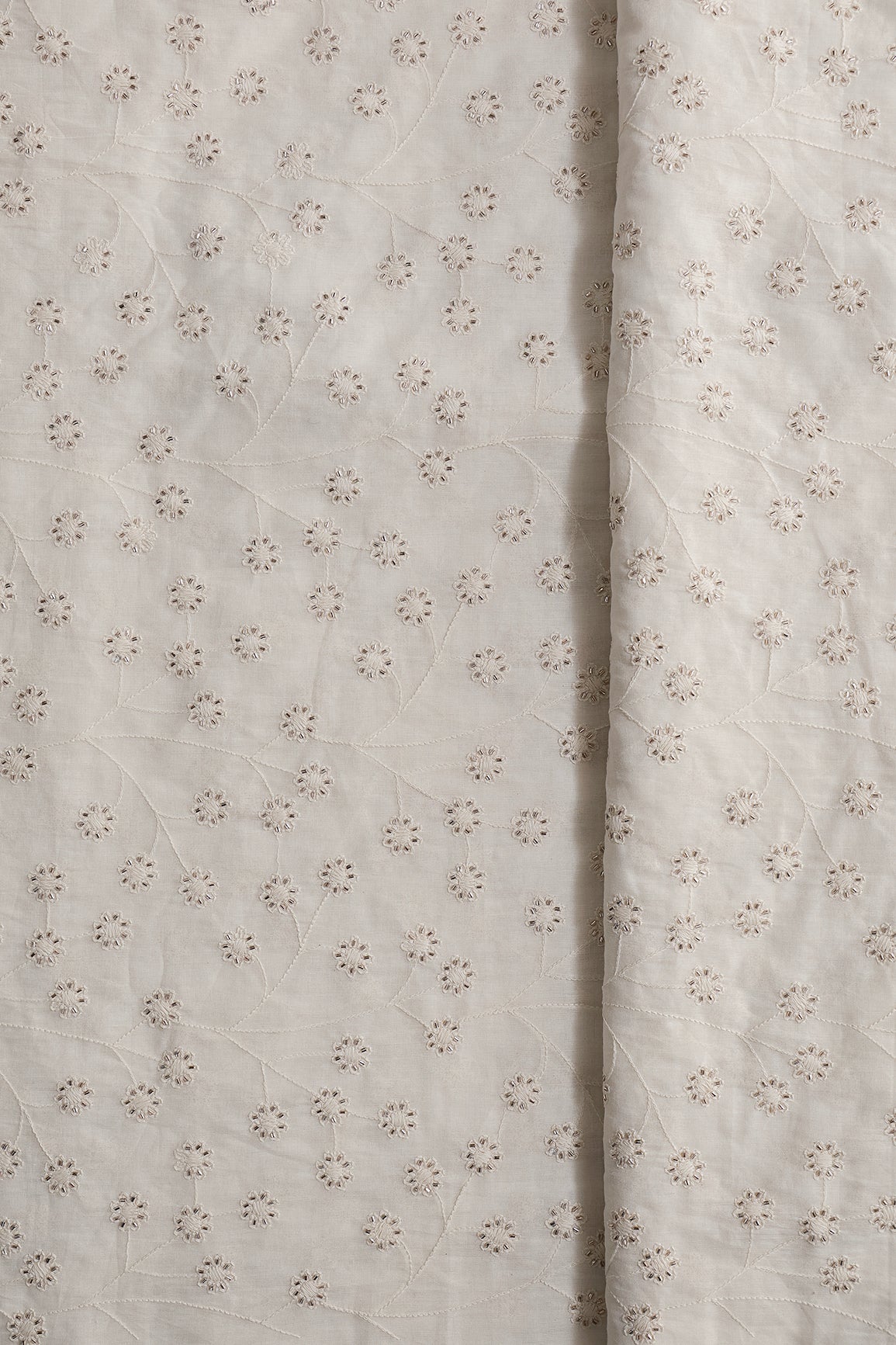 Thread With Beads Floral Embroidery Work On Off White Organic Cotton Fabric - doeraa