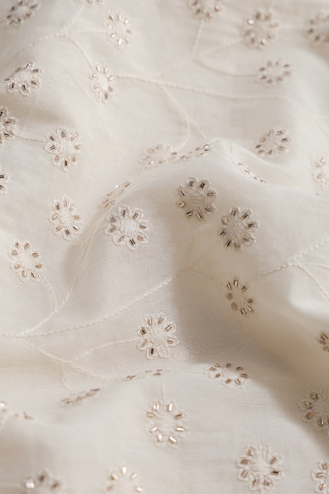 Thread With Beads Floral Embroidery Work On Off White Organic Cotton Fabric - doeraa