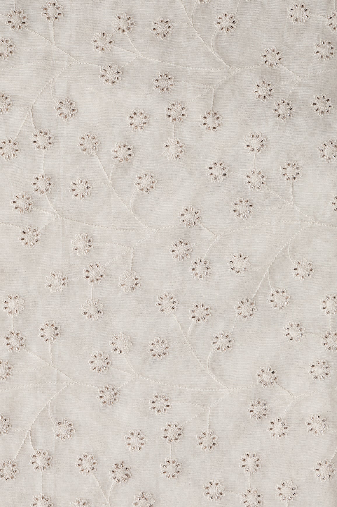 Thread With Beads Floral Embroidery Work On Off White Organic Cotton Fabric - doeraa
