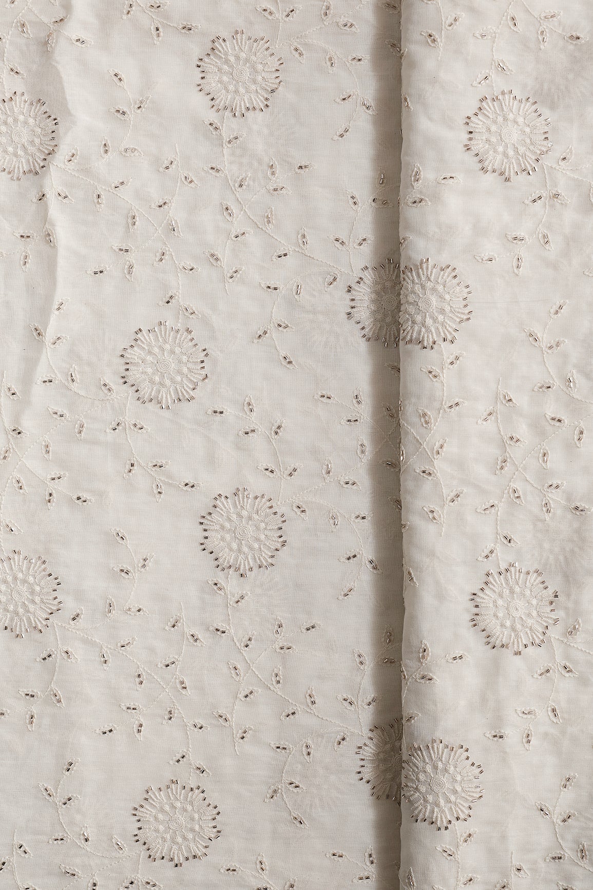Thread With Beads Floral Embroidery Work On Off White Organic Cotton Fabric - doeraa