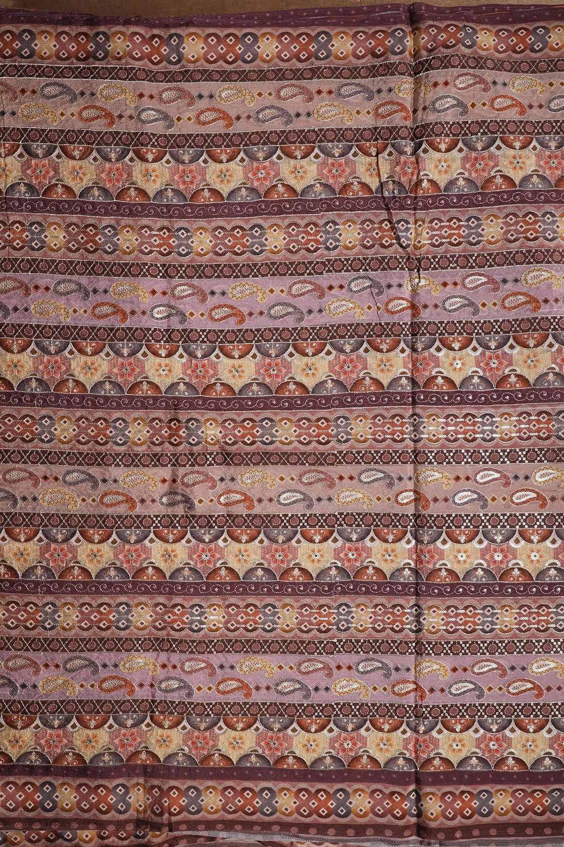 Traditional Position Print On Sequins Embroidery Light Brown Viscose Chinnon Chiffon Fabric - doeraa