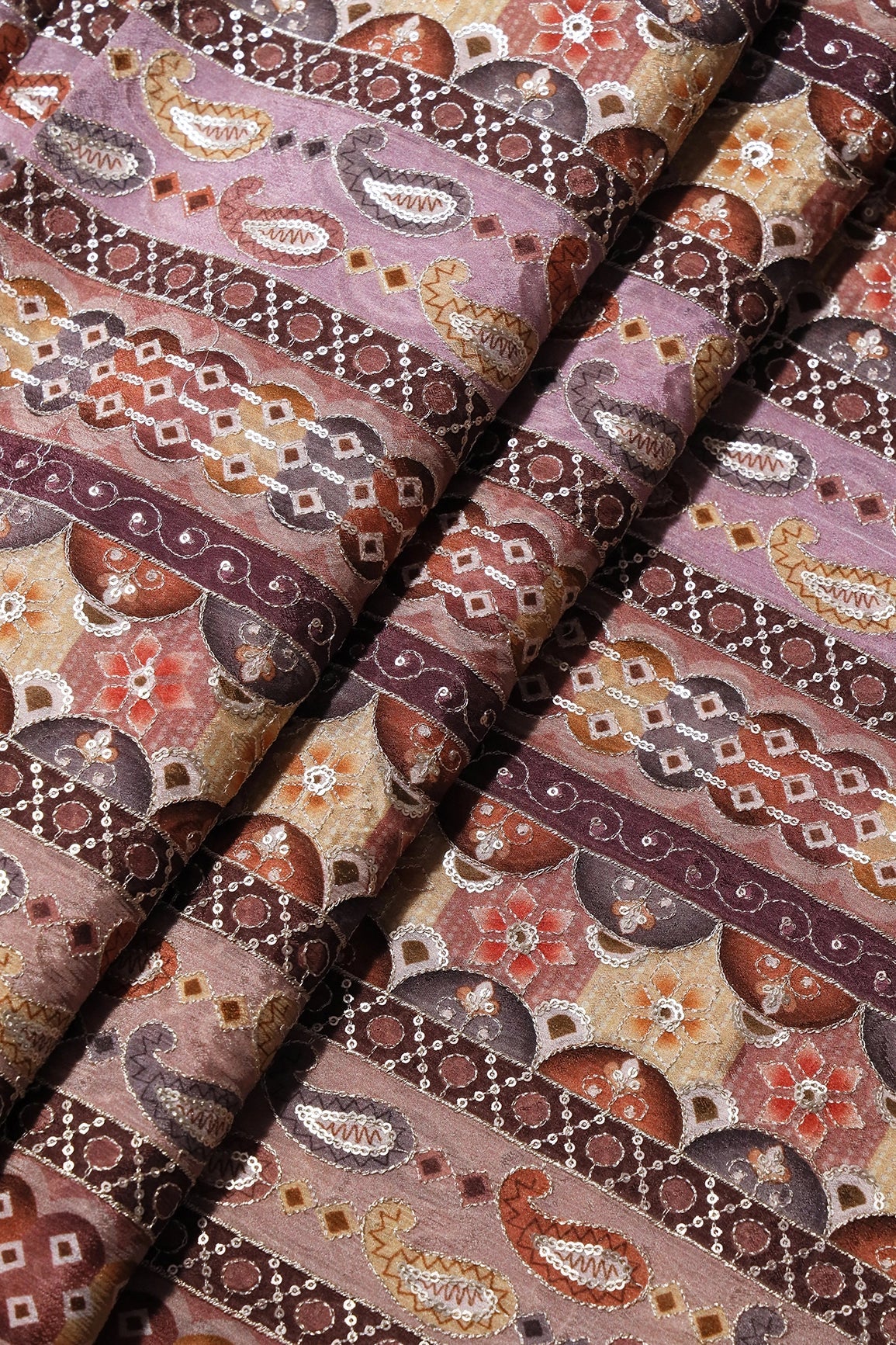 Traditional Position Print On Sequins Embroidery Light Brown Viscose Chinnon Chiffon Fabric - doeraa