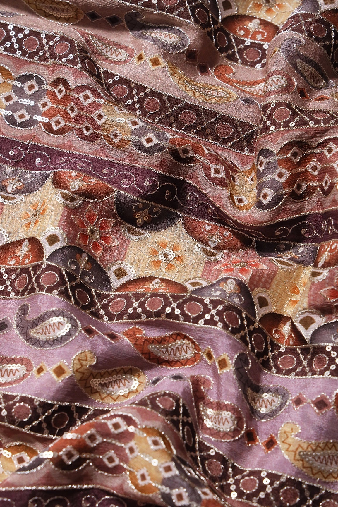 Traditional Position Print On Sequins Embroidery Light Brown Viscose Chinnon Chiffon Fabric - doeraa