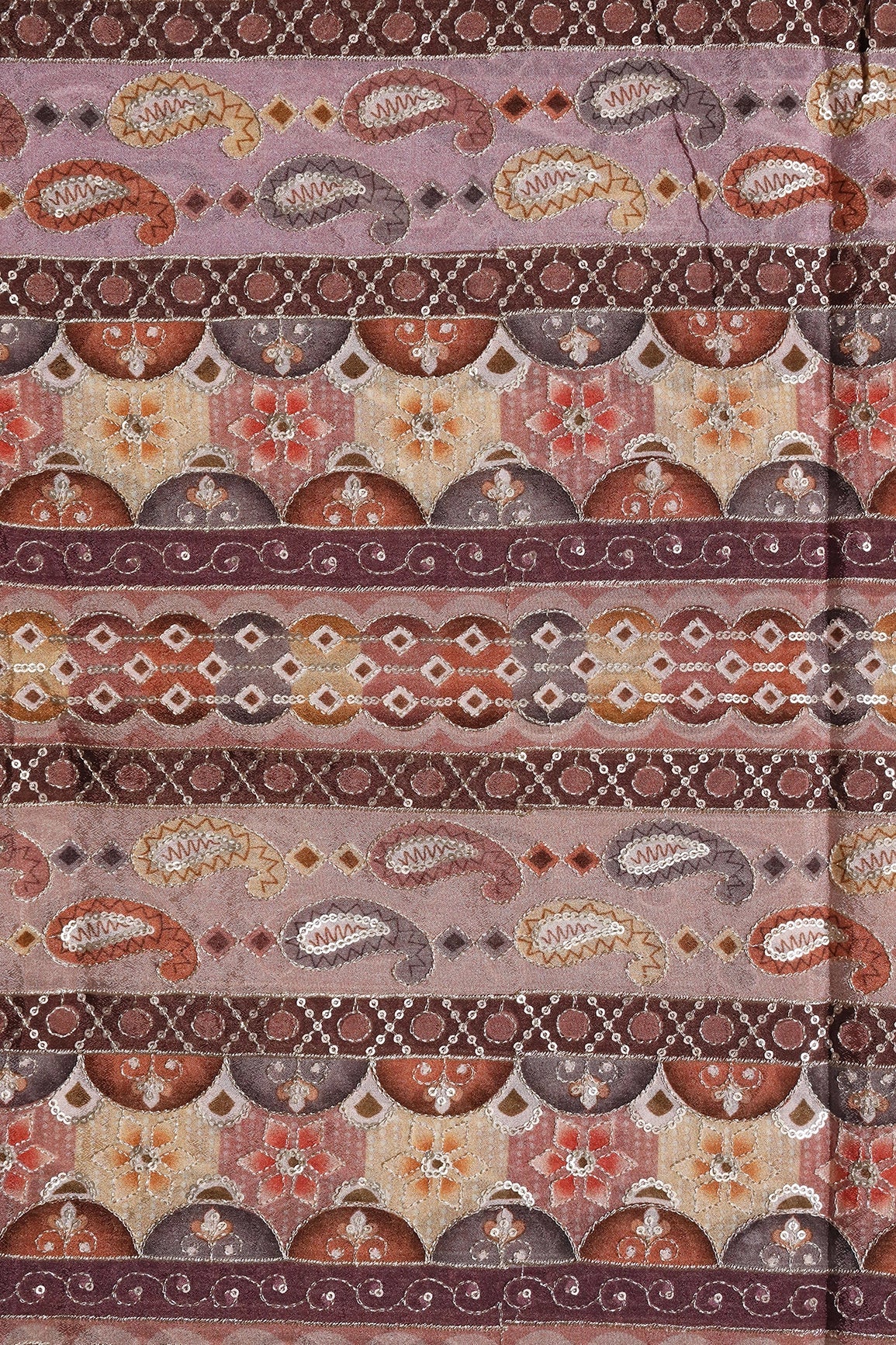 Traditional Position Print On Sequins Embroidery Light Brown Viscose Chinnon Chiffon Fabric - doeraa