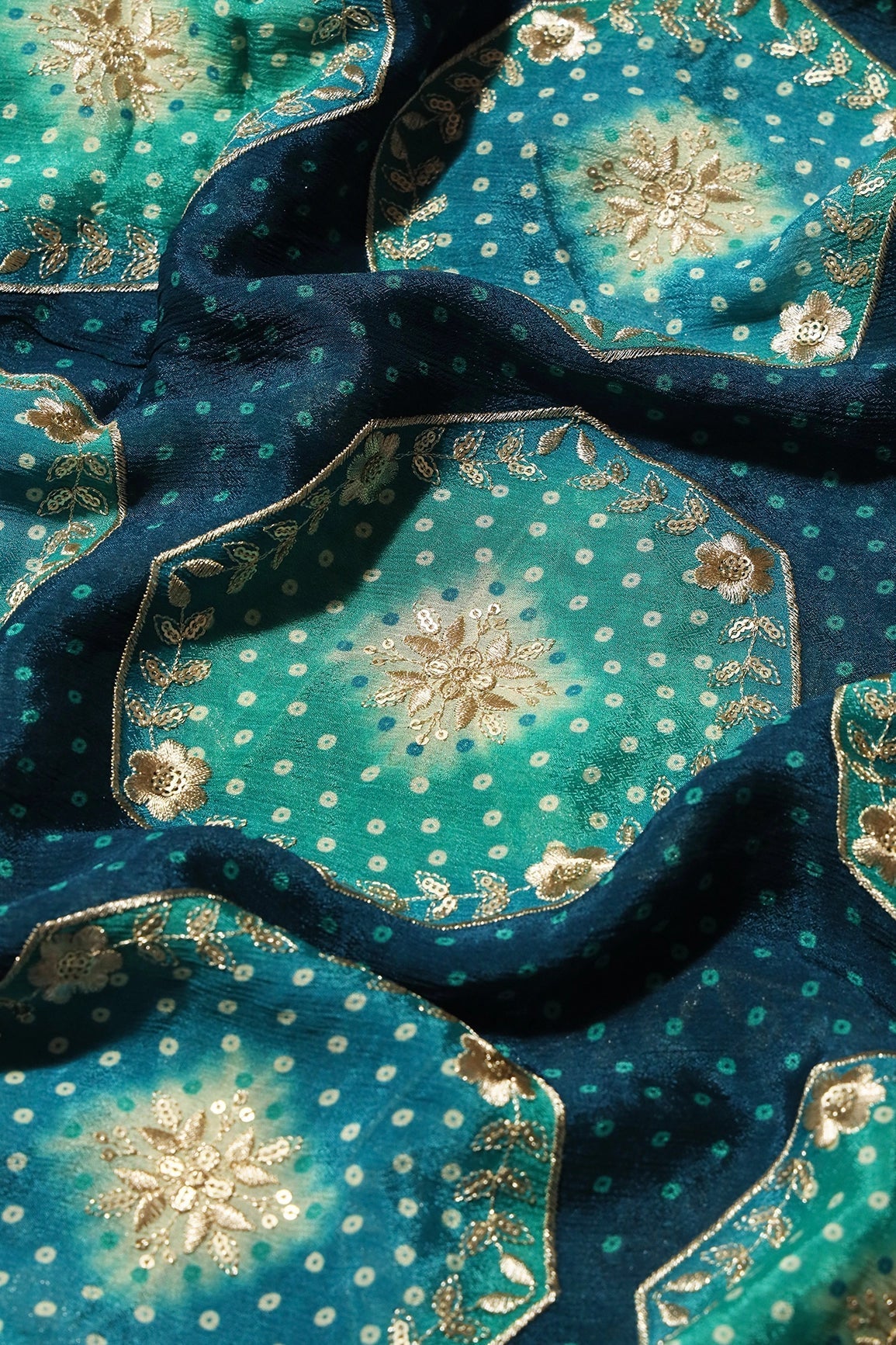 Trendy Bandhani Position Print On Sequins Embroidery Prussian Blue Viscose Chinnon Chiffon Fabric - doeraa