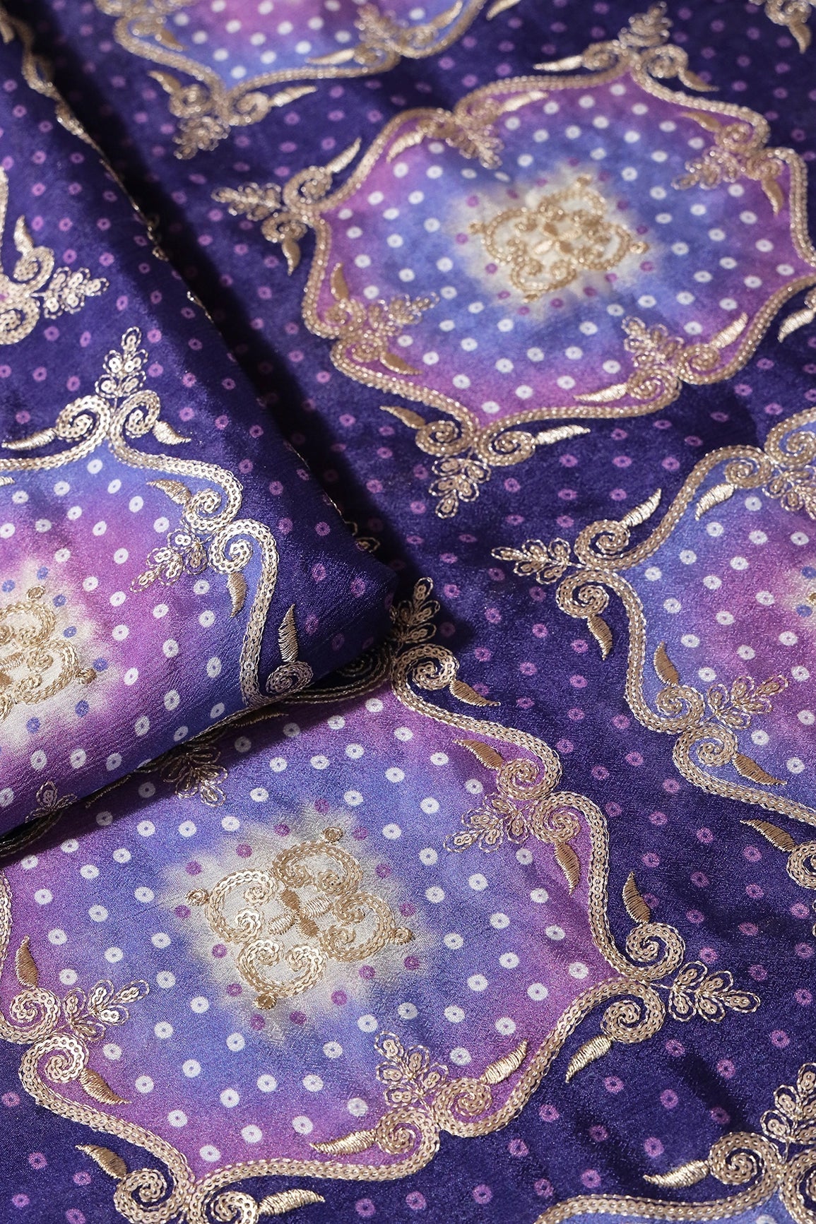 Trendy Bandhani Position Print On Sequins Embroidery Purple Viscose Chinnon Chiffon Fabric - doeraa