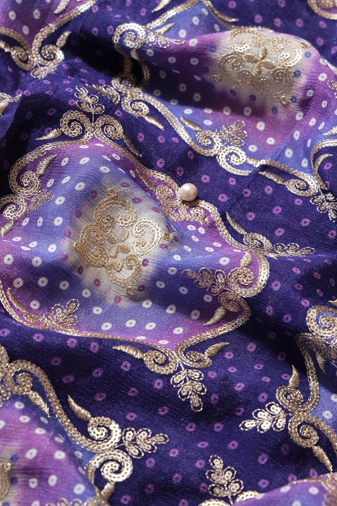 Trendy Bandhani Position Print On Sequins Embroidery Purple Viscose Chinnon Chiffon Fabric - doeraa