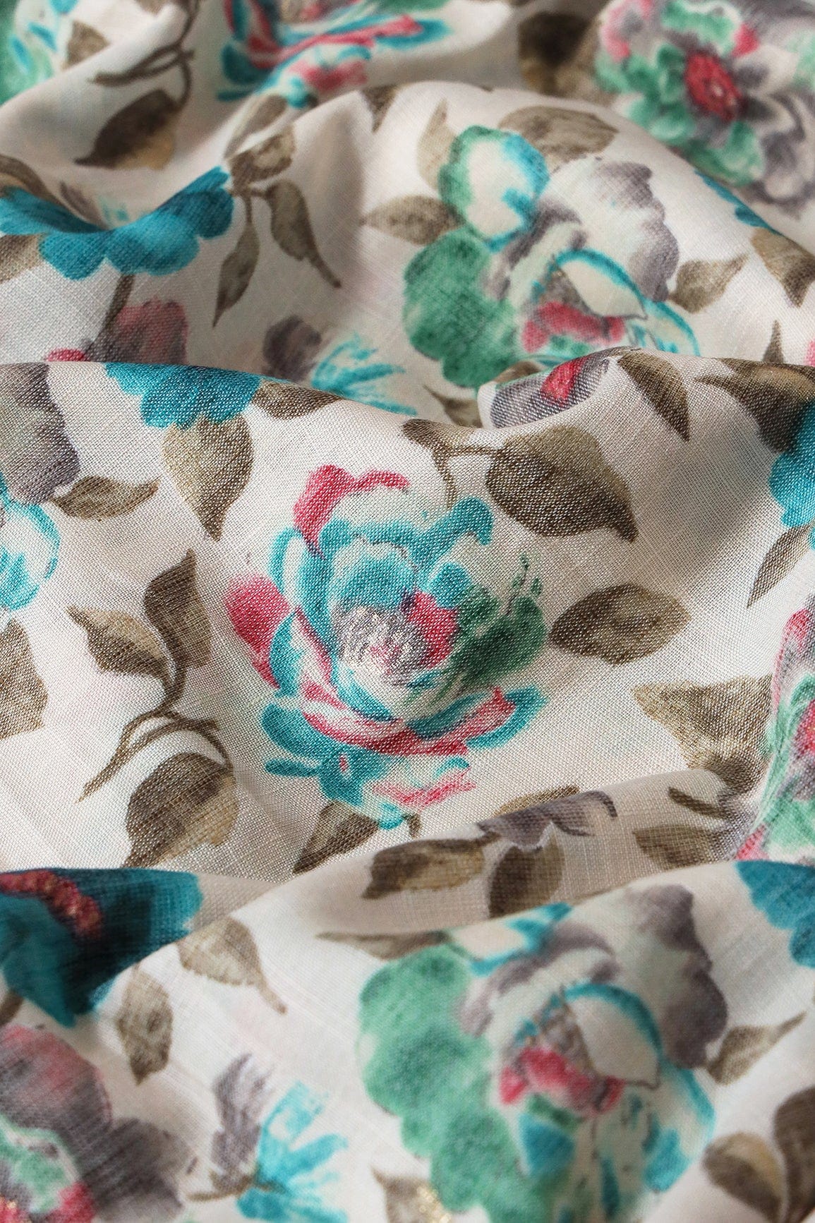 Turquoise And Green Floral Pattern With Foil Print On Off White Pure Rayon Fabric - doeraa