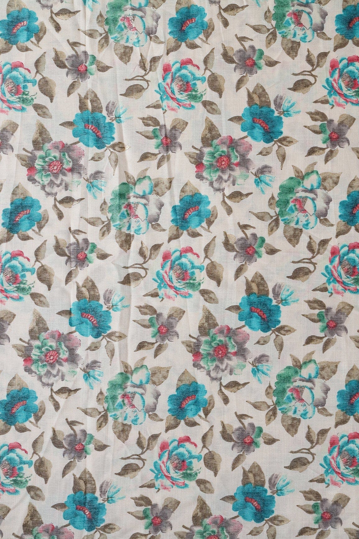 Turquoise And Green Floral Pattern With Foil Print On Off White Pure Rayon Fabric - doeraa