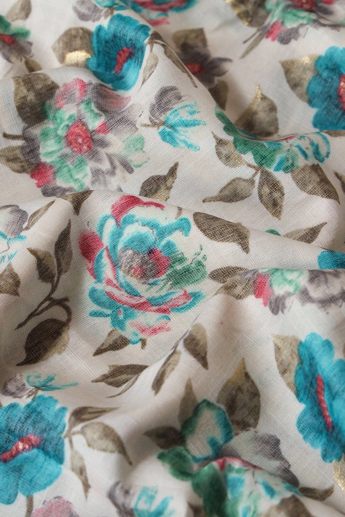 Turquoise And Green Floral Pattern With Foil Print On Off White Pure Rayon Fabric - doeraa